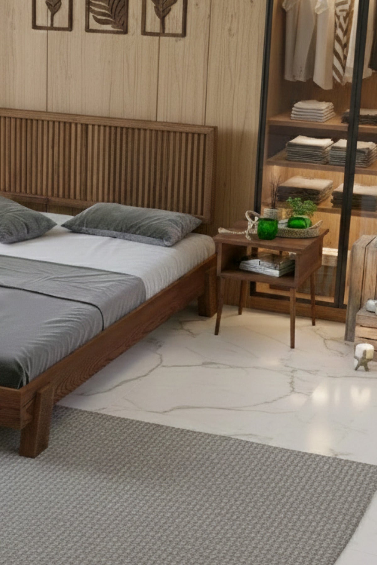Alaz Model Dikey Başlıklı Masif Ahşap Karyola ve 2 Adet Komodin 90x200 Ceviz