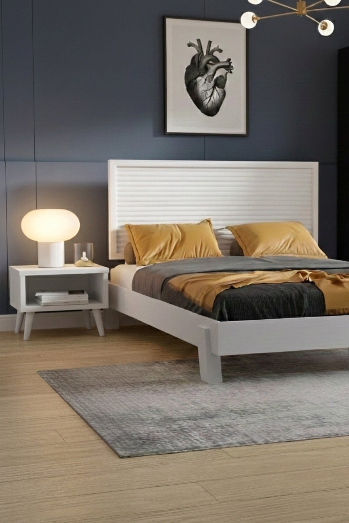 Ebruli̇ Model Yatay Başlıklı Masif Ahşap Karyola 2 Adet Komodin 180x200 Ceviz
