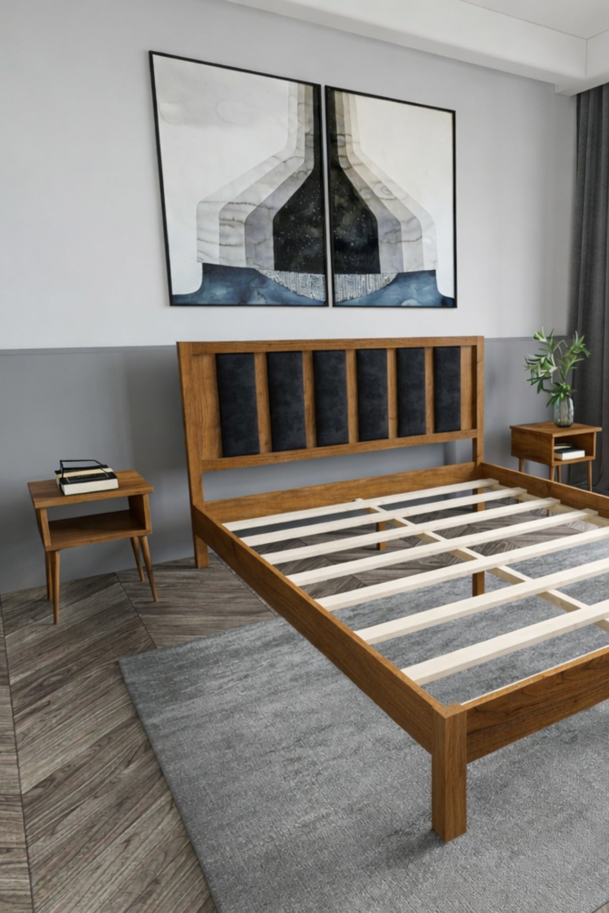 Ori̇on Model Siyah Puf Başlıklı Masif Ahşap Karyola 90x200 Ceviz
