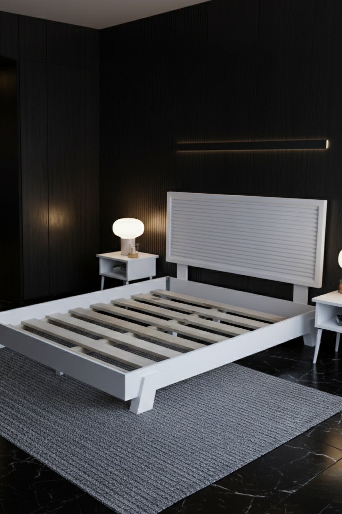 Alaz Model Yatay Başlıklı Masif Ahşap Karyola 2 Adet Komodin 90x190 Beyaz