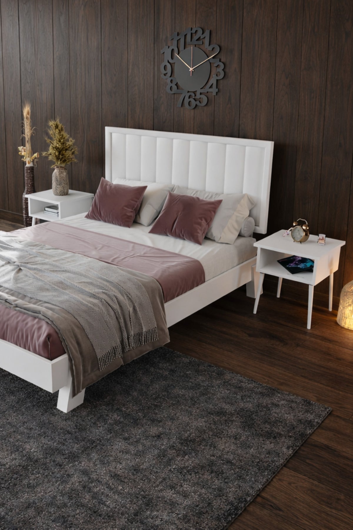 Hüma Model Dikey Başlıklı Masif Ahşap Karyola 2 Adet Komodin 150x200 Ceviz