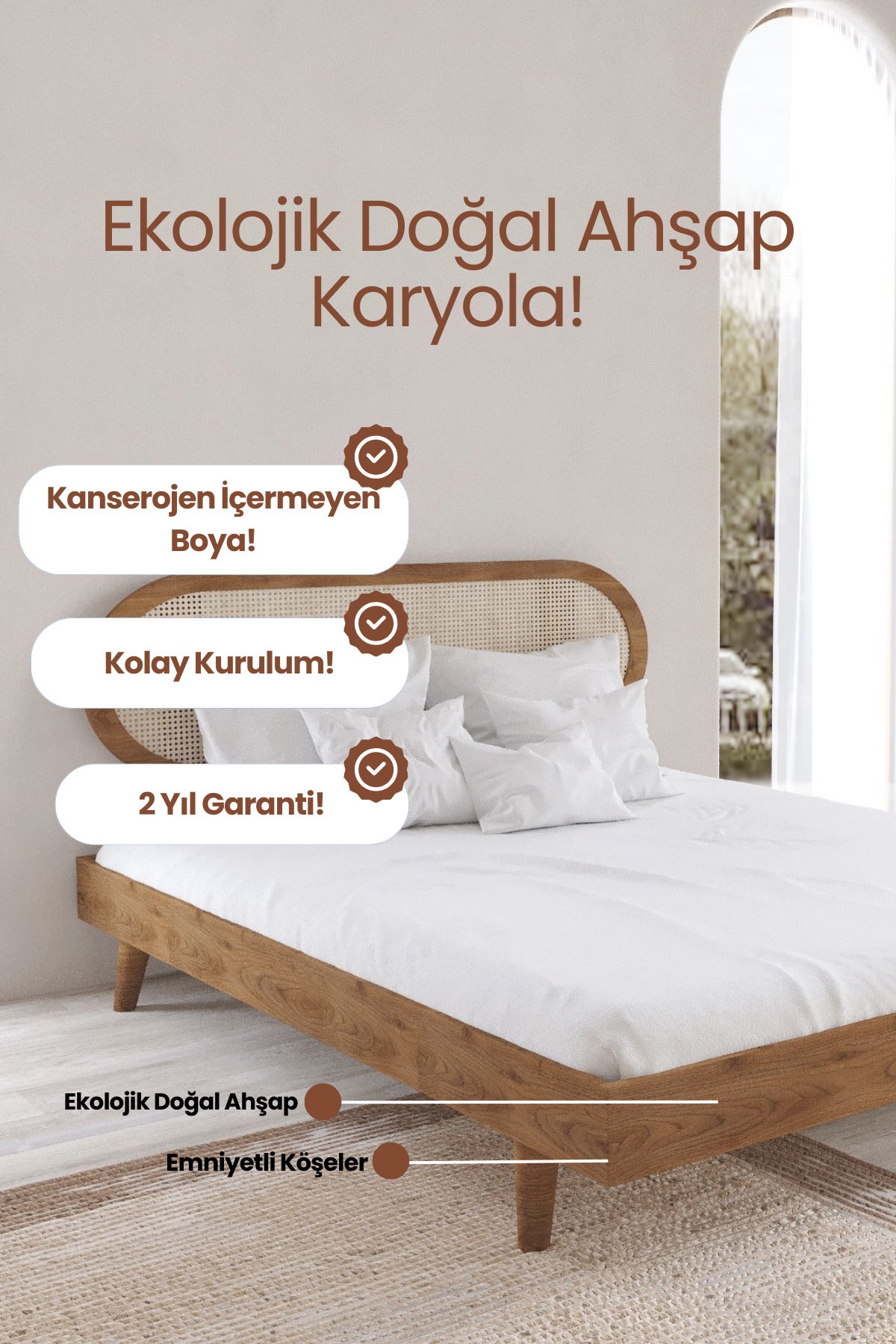 Padova Model Hazeran Başlıklı Masif Ahşap Karyola 90x190 Doğal