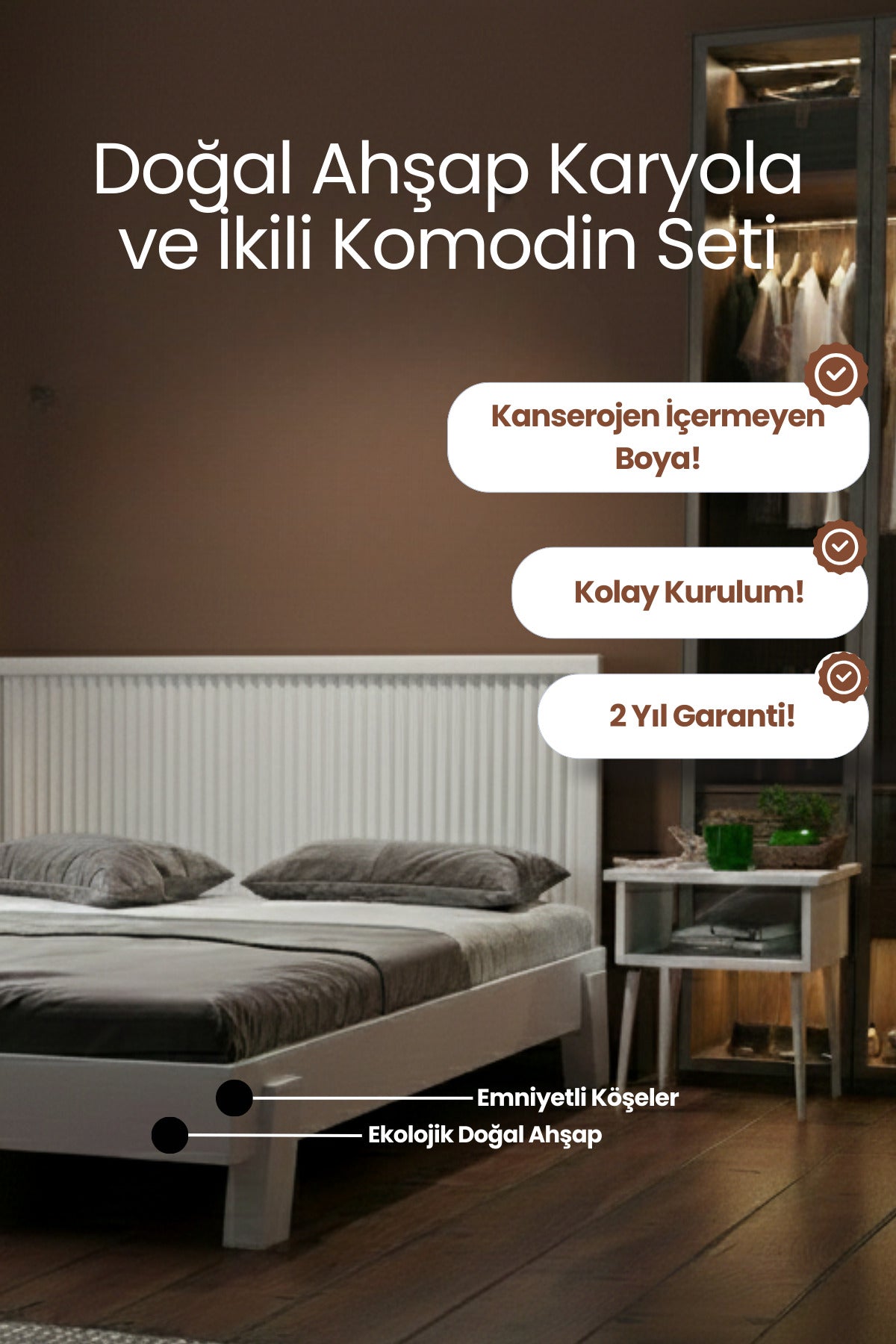 Ebruli̇ Model Dikey Başlıklı Masif Ahşap Karyola ve 2 Adet Komodin 140x200 Ceviz