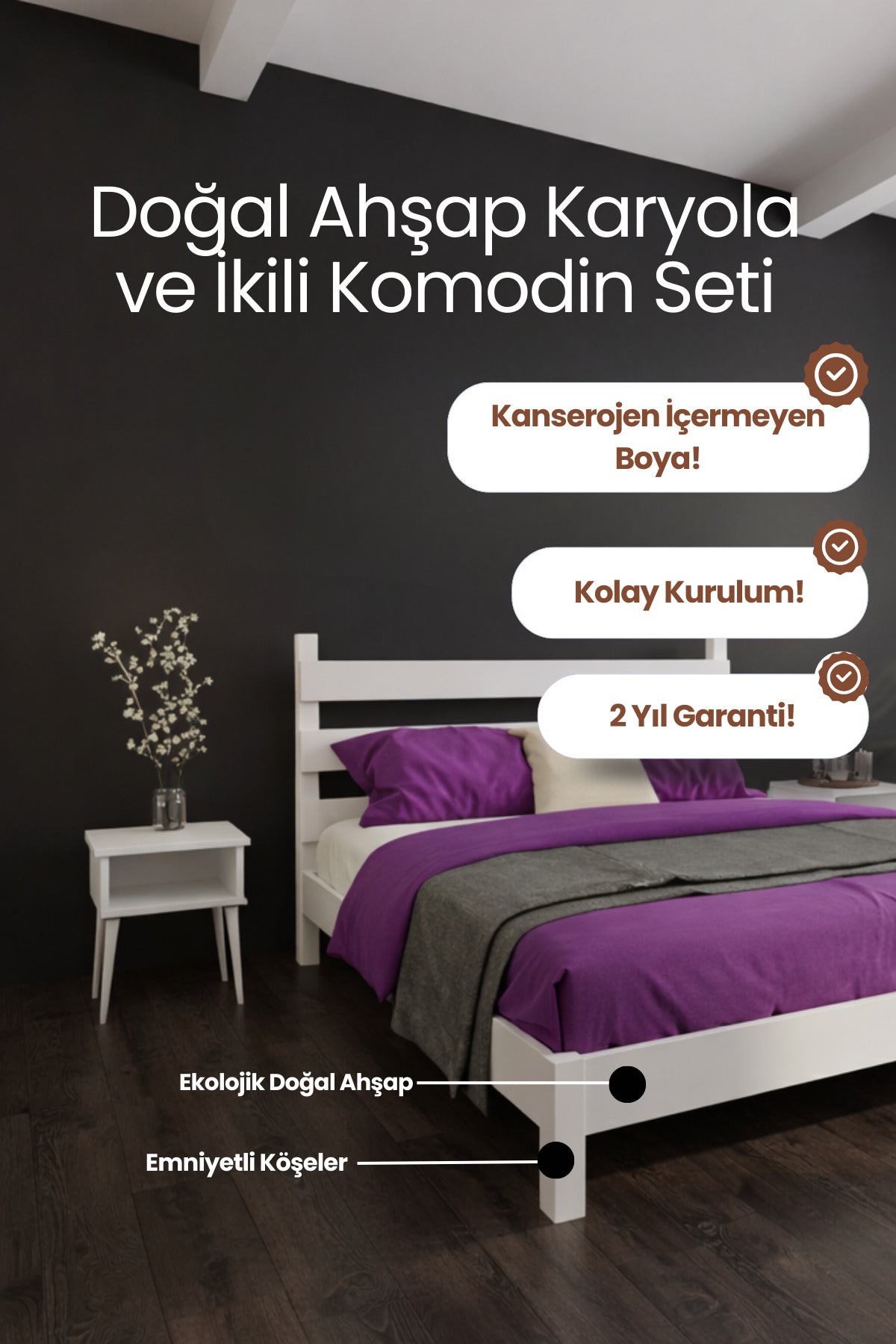 Natura Model Masif Ahşap Karyola 2 Adet Komodin 140x190 Ceviz