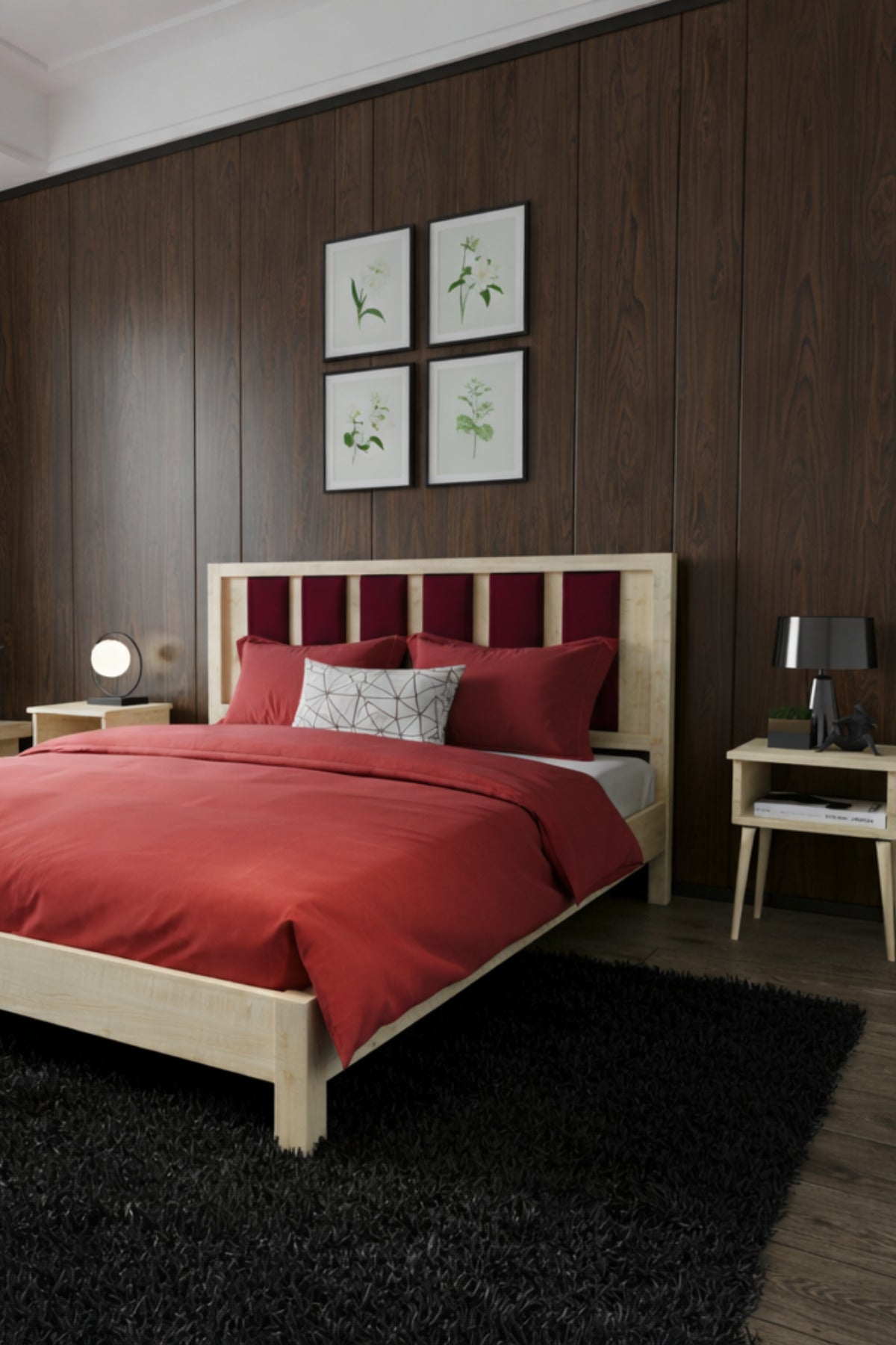 Ori̇on Model Bordo Puf Başlıklı Masif Ahşap Karyola 160x200 Ceviz