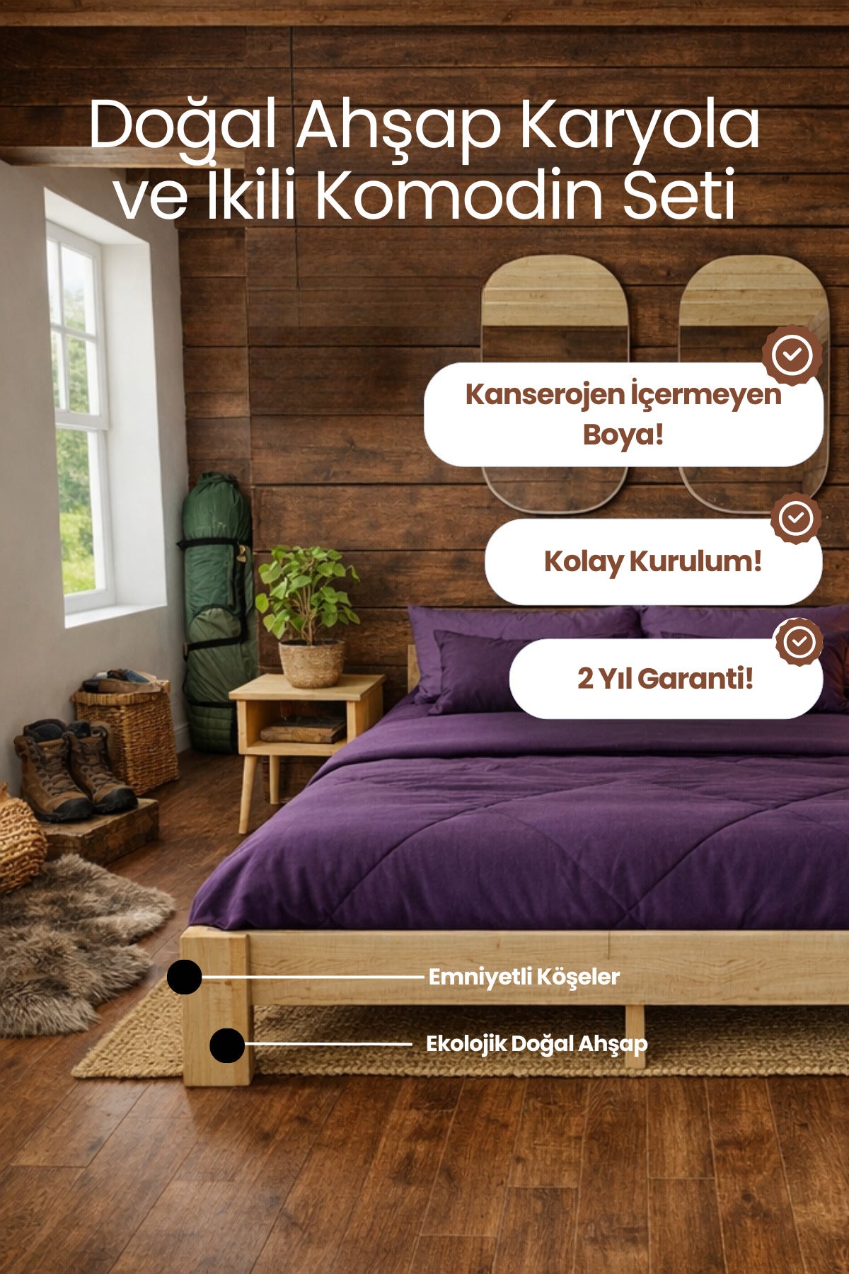 Soft Model Masif Ahşap Karyola 2 Adet Komodin 90x190 Doğal