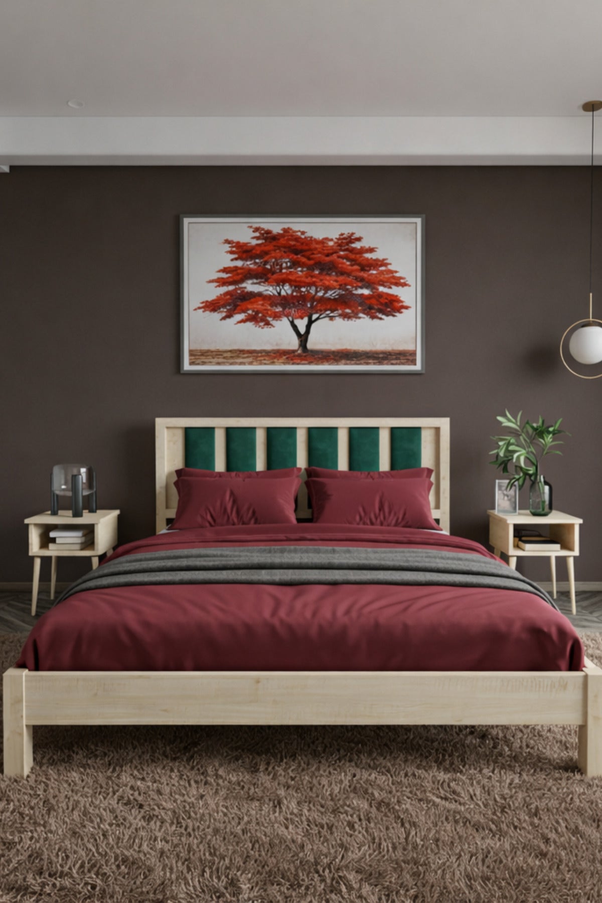 Ori̇on Model Zümrüt Yeşili Puf Başlıklı Masif Ahşap Karyola 100x200 Doğal