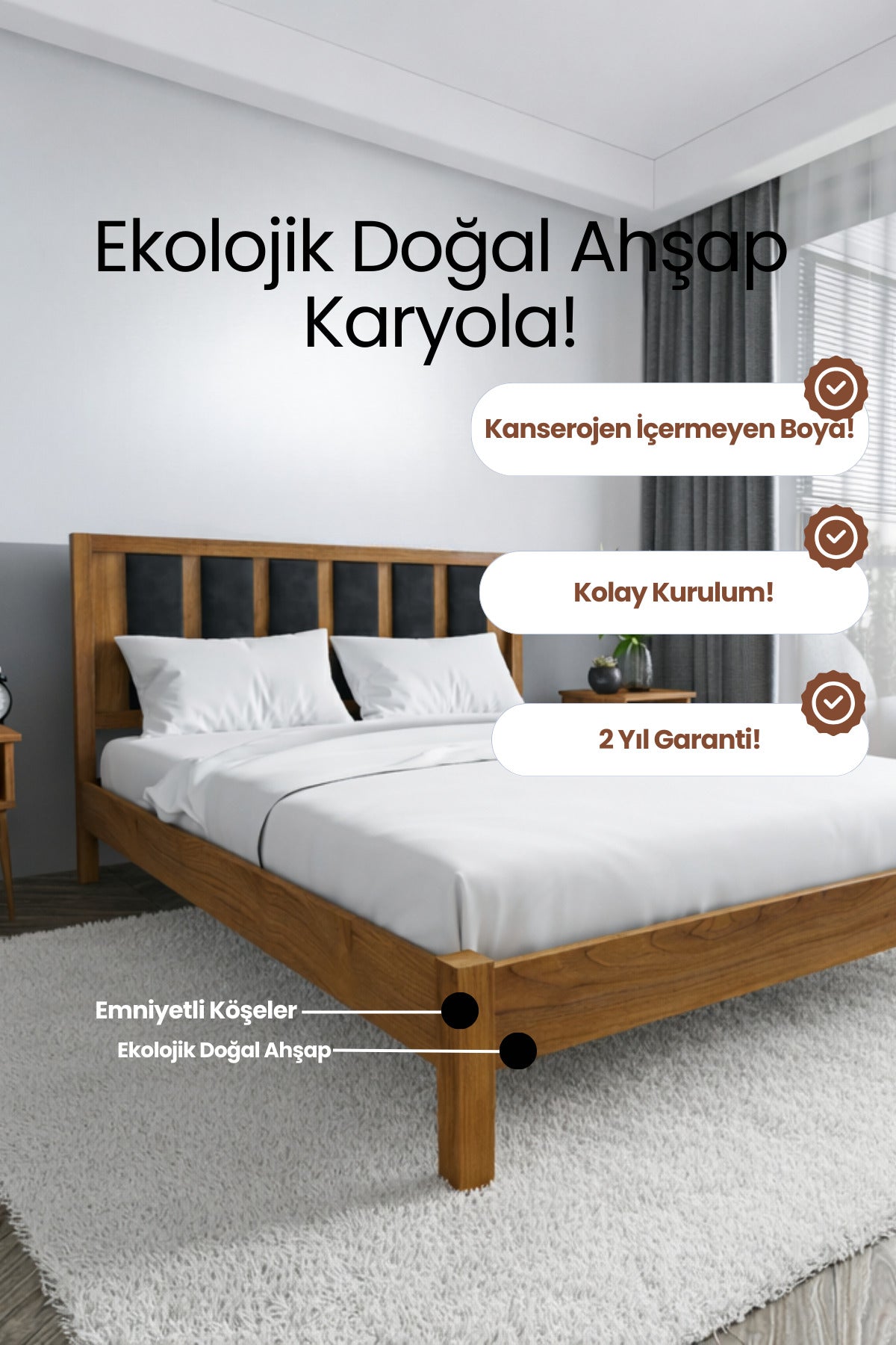 Ori̇on Model Siyah Puf Başlıklı Masif Ahşap Karyola 160x200 Doğal