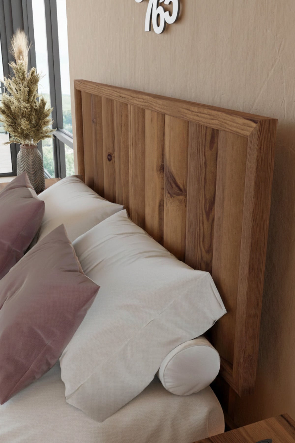 Hüma Model Dikey Başlıklı Masif Ahşap Karyola ve 2 Adet Komodin 90x200 Ceviz