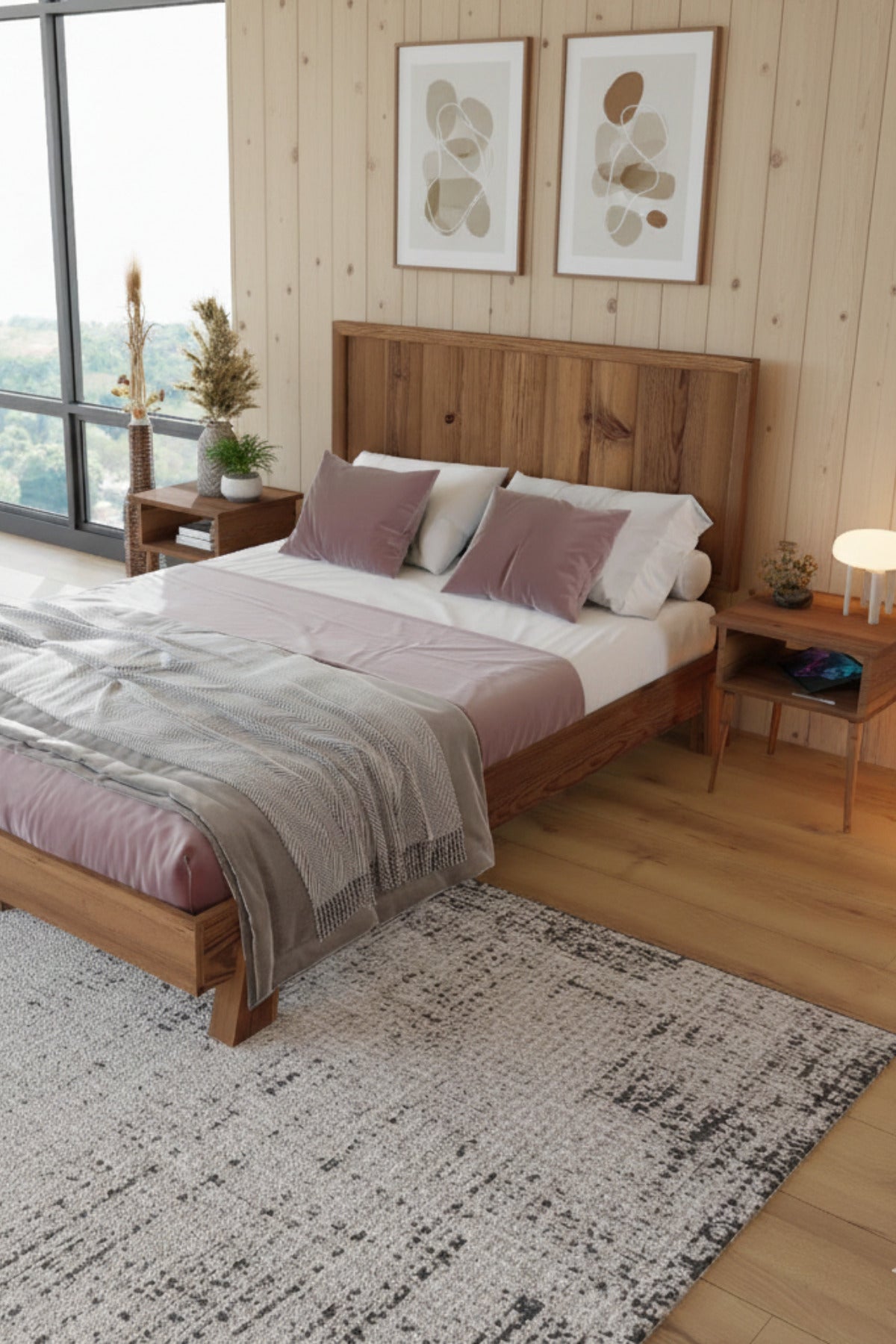 Hüma Model Dikey Başlıklı Masif Ahşap Karyola 200x200 Doğal