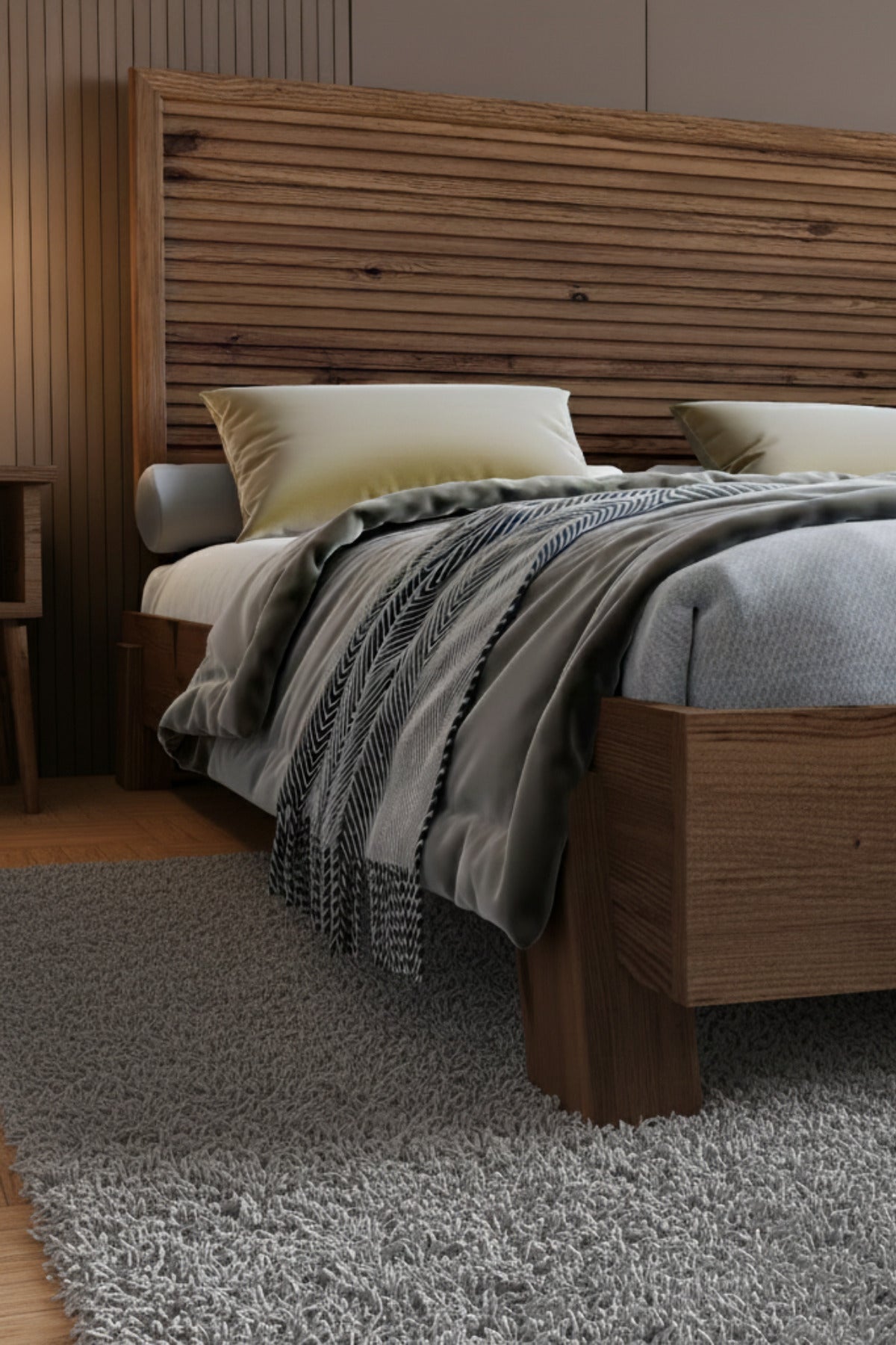 Alaz Model Yatay Başlıklı Masif Ahşap Karyola 200x200 Doğal