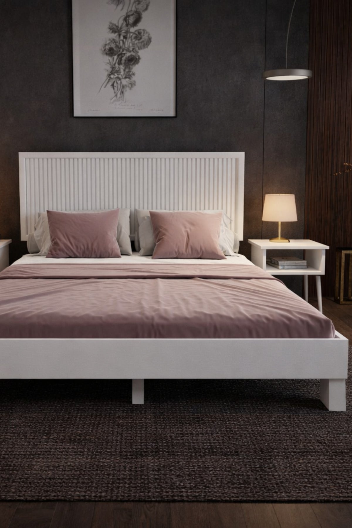 Alaz Model Dikey Başlıklı Masif Ahşap Karyola ve 2 Adet Komodin 150x200 Ceviz