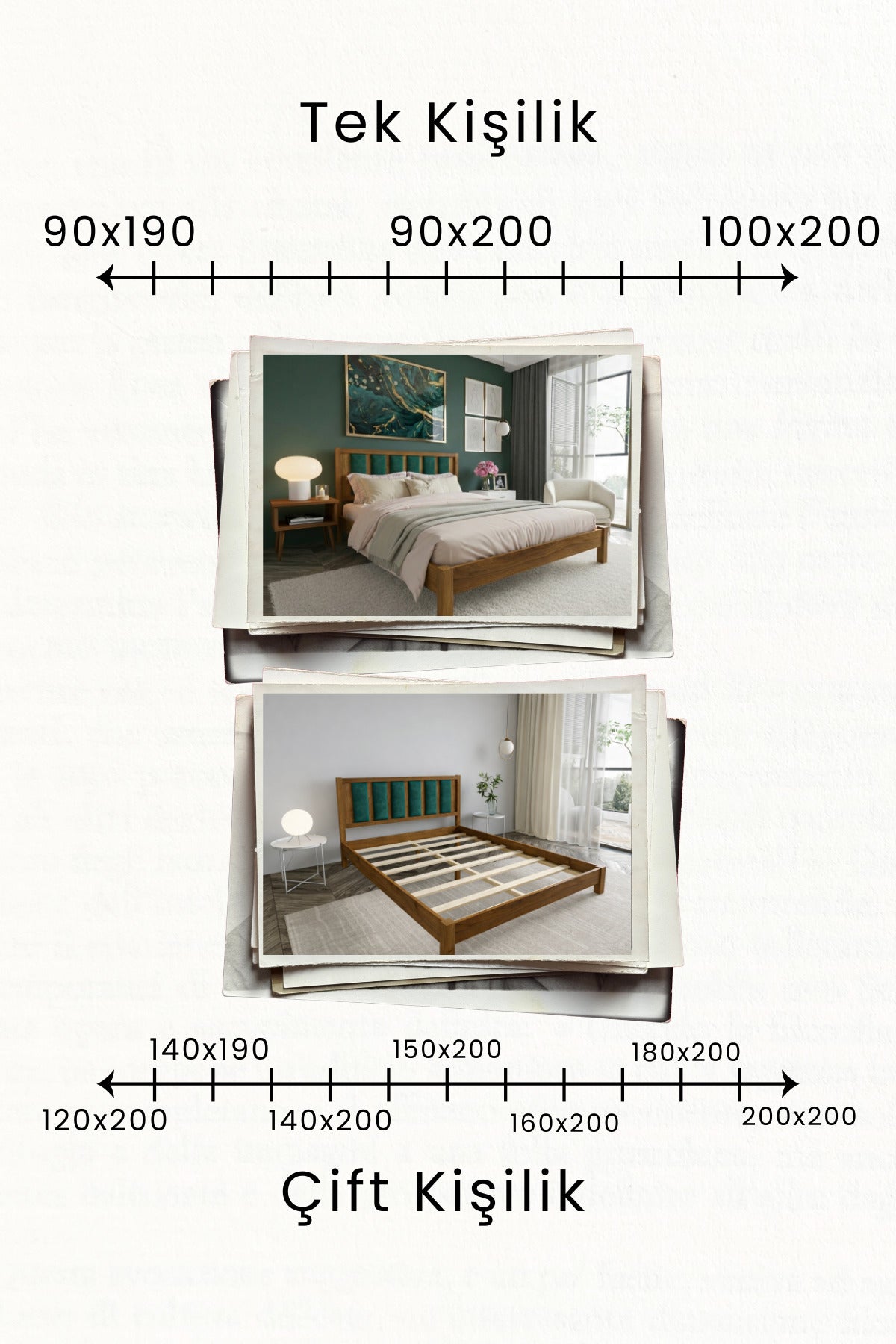 Ori̇on Model Zümrüt Yeşili Puf Başlıklı Masif Ahşap Karyola 180x200 Doğal