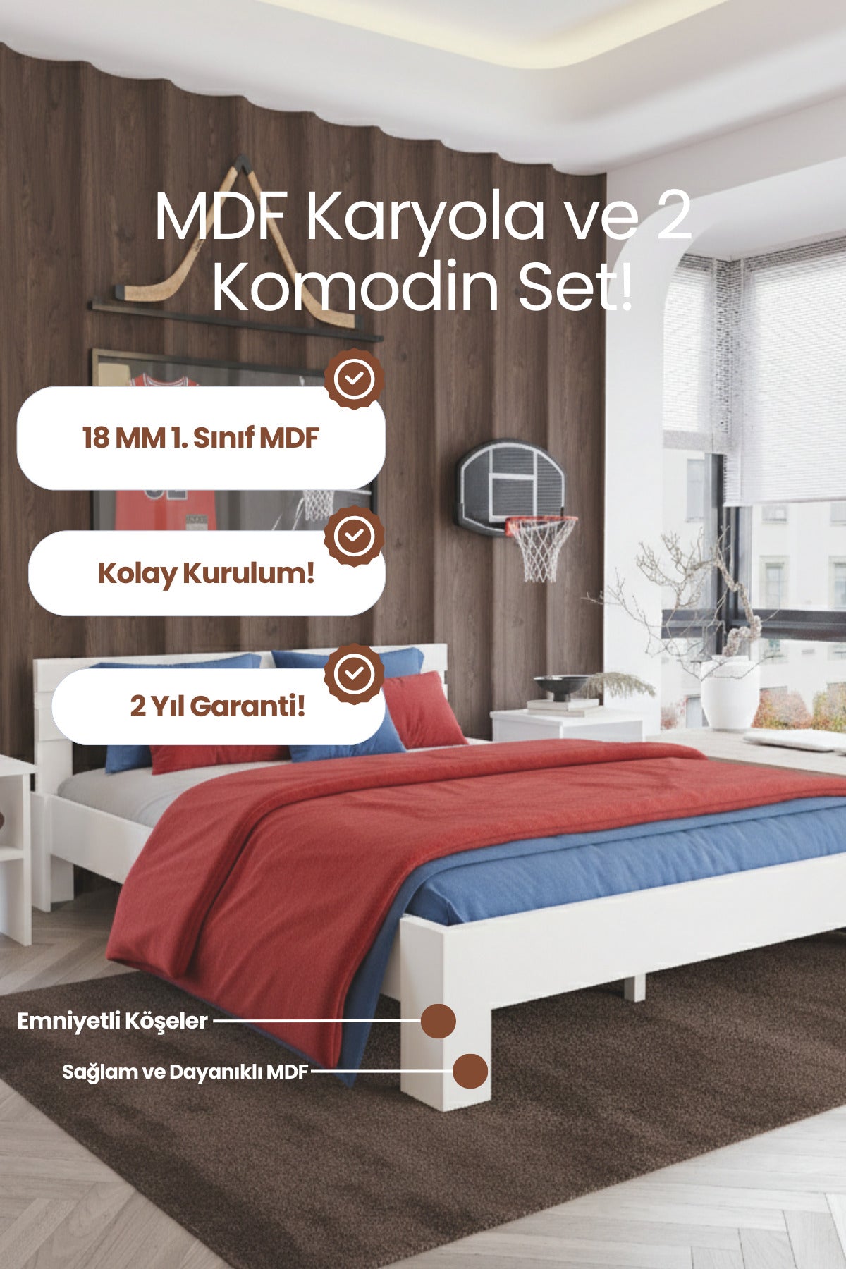 Letto MDF Karyola ve 2 Komodinli Set 180x200 Beyaz
