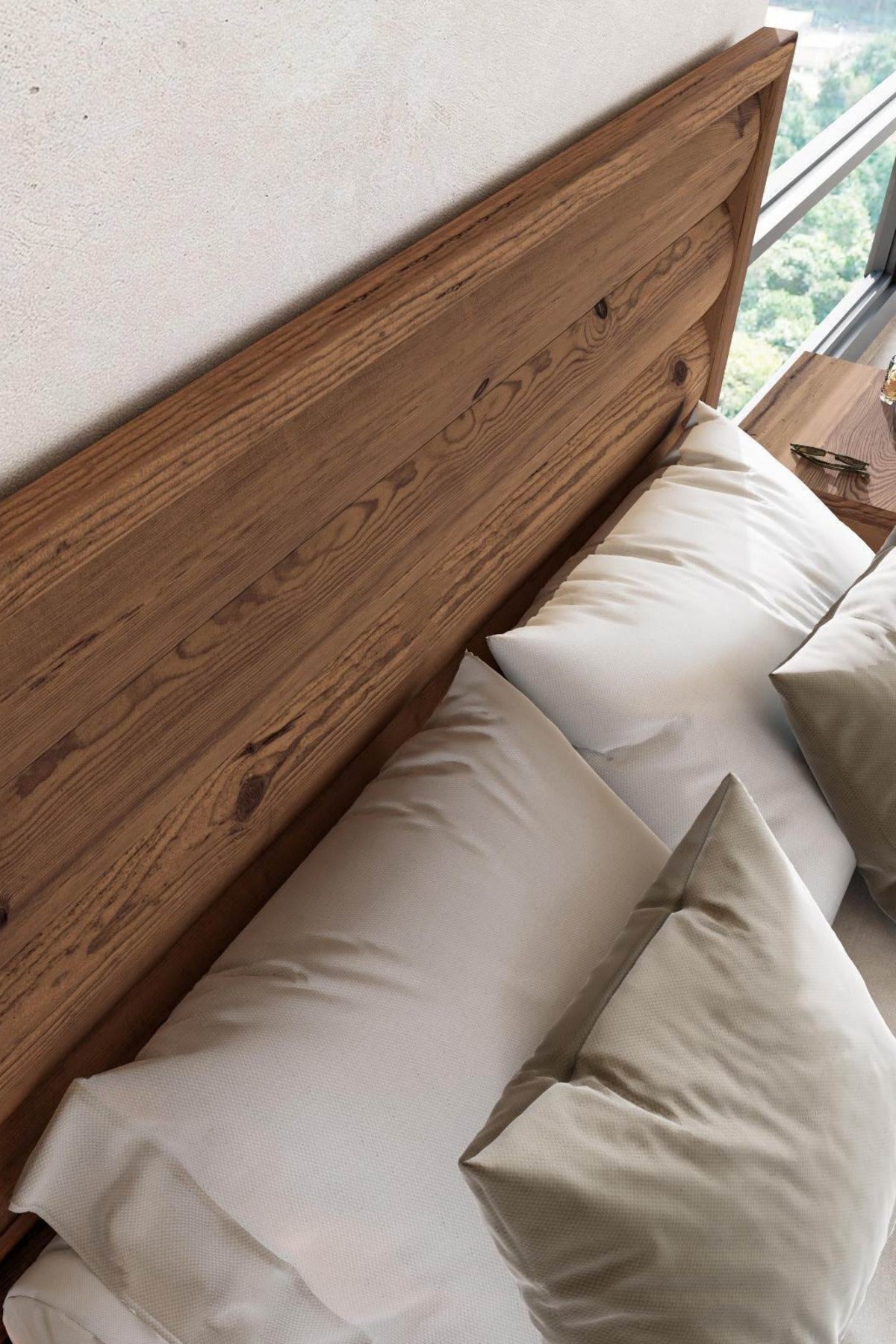 Hüma Model Yatay Başlıklı Masif Ahşap Karyola 2 Adet Komodin 90x200 Ceviz