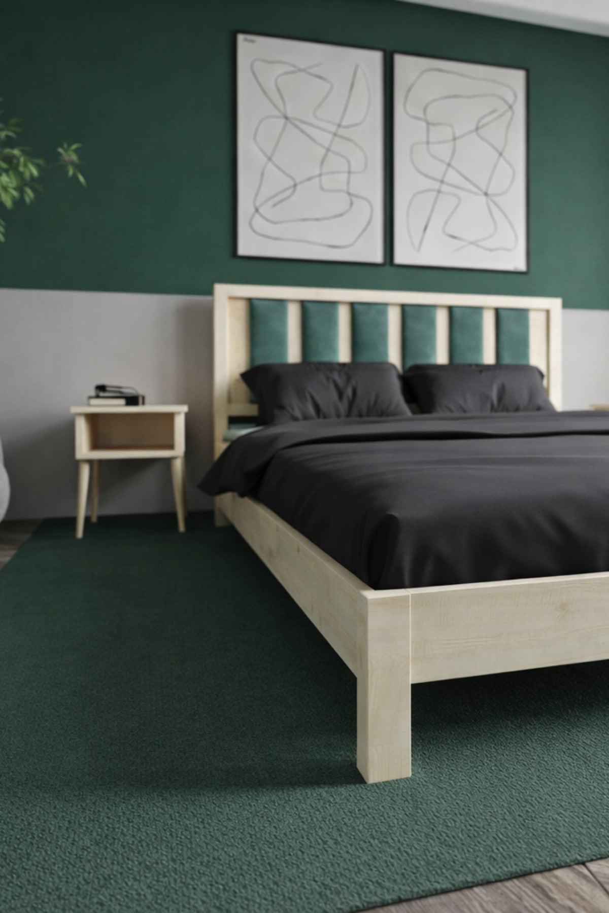 Ori̇on Model Çağla Yeşili Puf Başlıklı Masif Ahşap Karyola 180x200 Ceviz