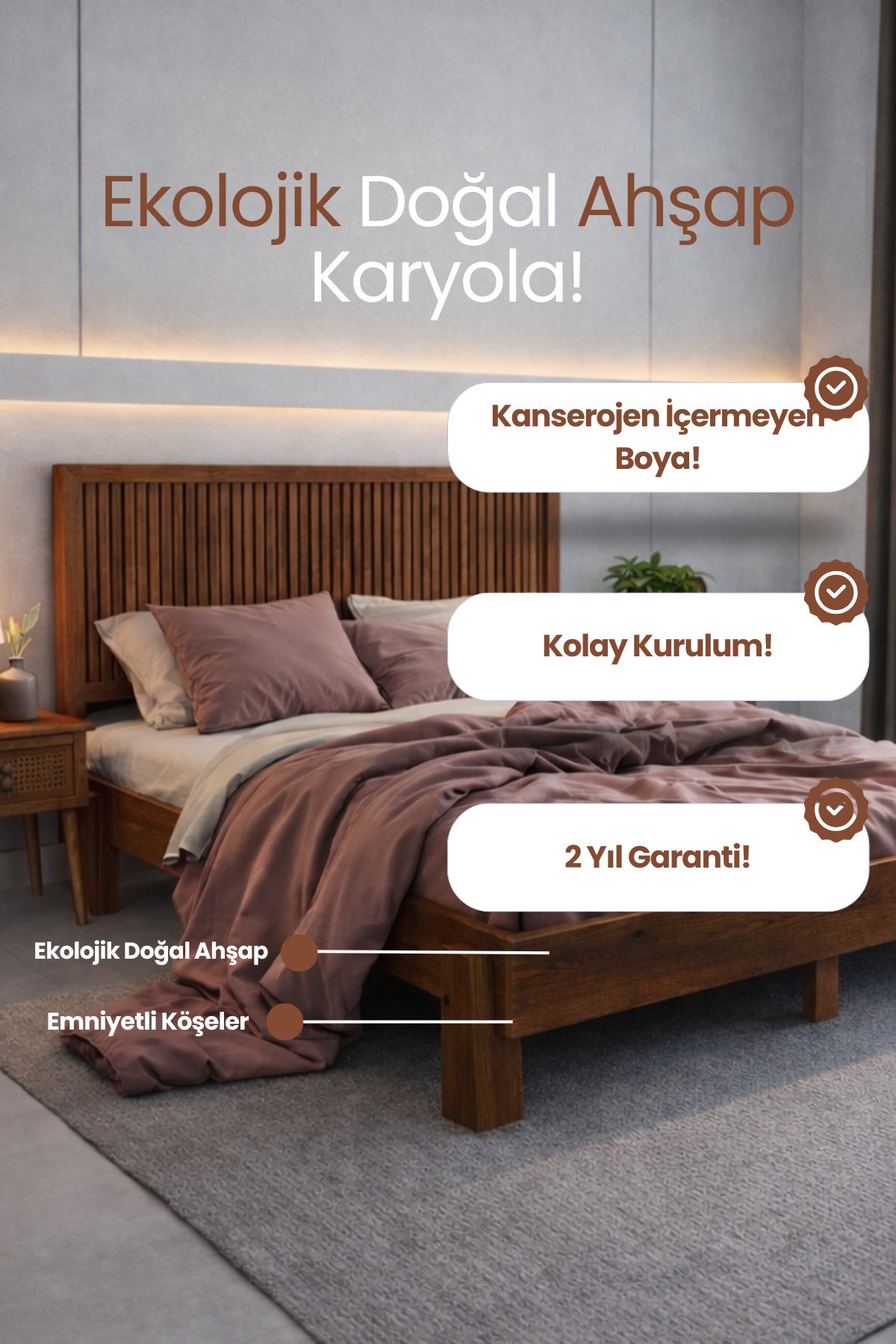 Alaz Model Dikey Başlıklı Masif Ahşap Karyola 150x200 Doğal