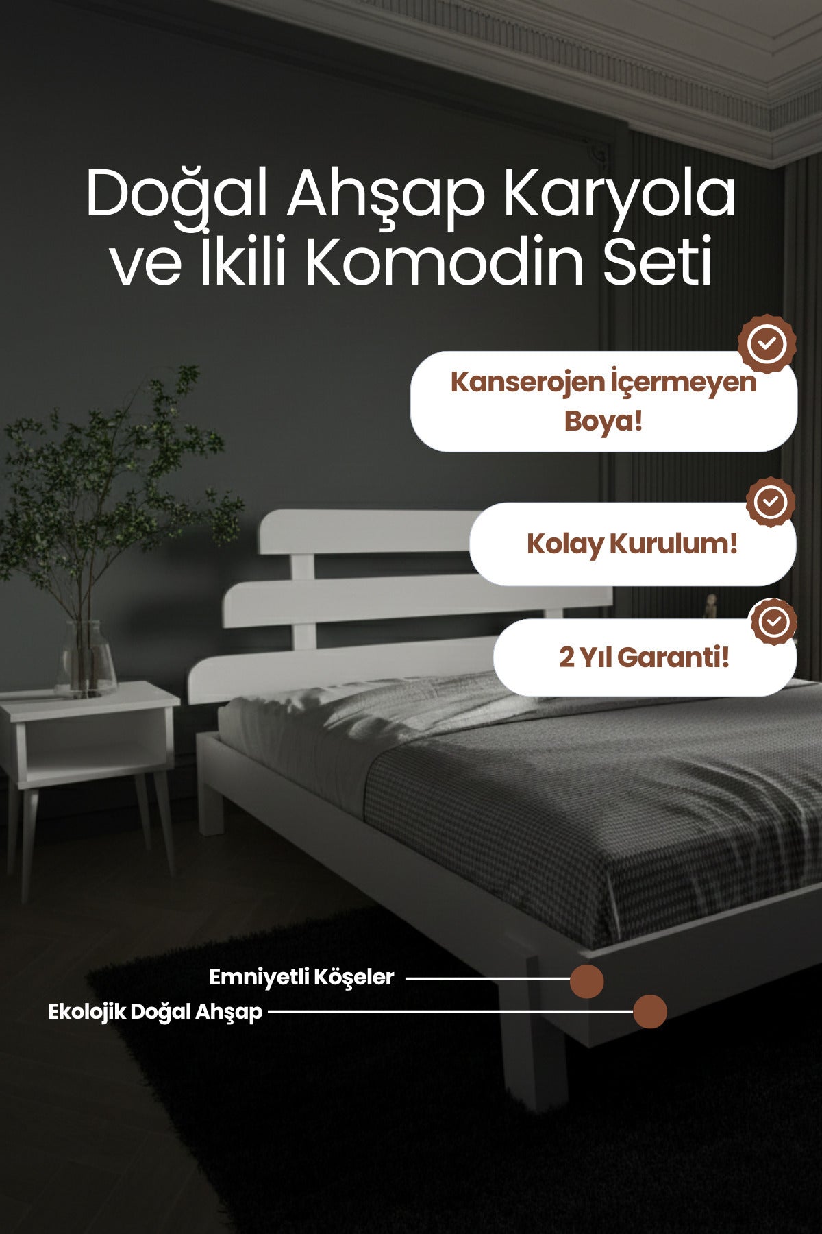 Lotus X New Model Masif Ahşap Karyola ve 2 Adet Komodin 140x190 Ceviz