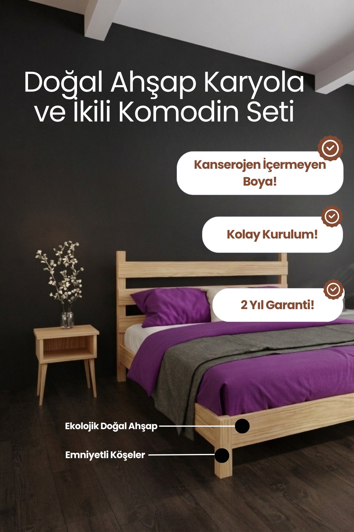 Natura Model Masif Ahşap Karyola 2 Adet Komodin 90x190 Doğal