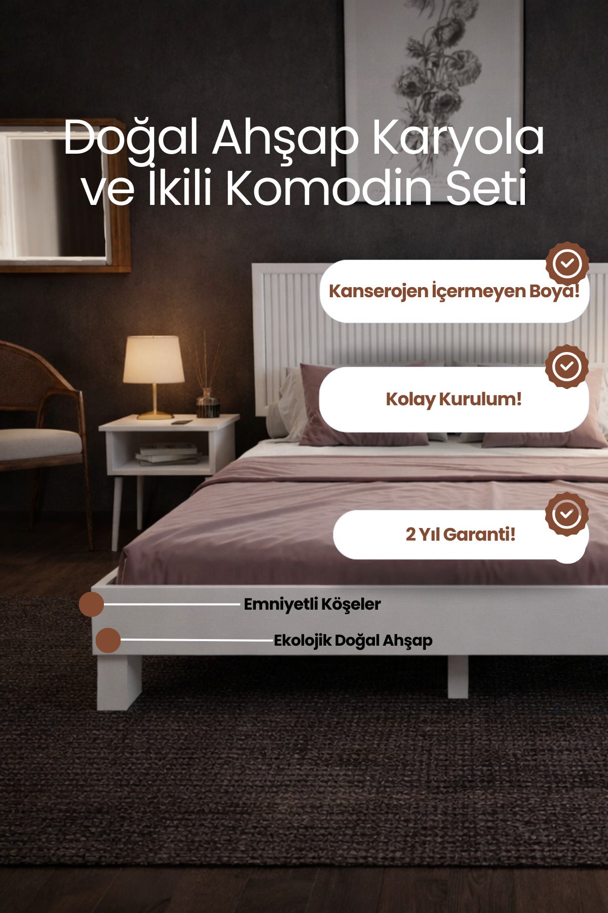 Alaz Model Dikey Başlıklı Masif Ahşap Karyola ve 2 Adet Komodin 140x190 Ceviz