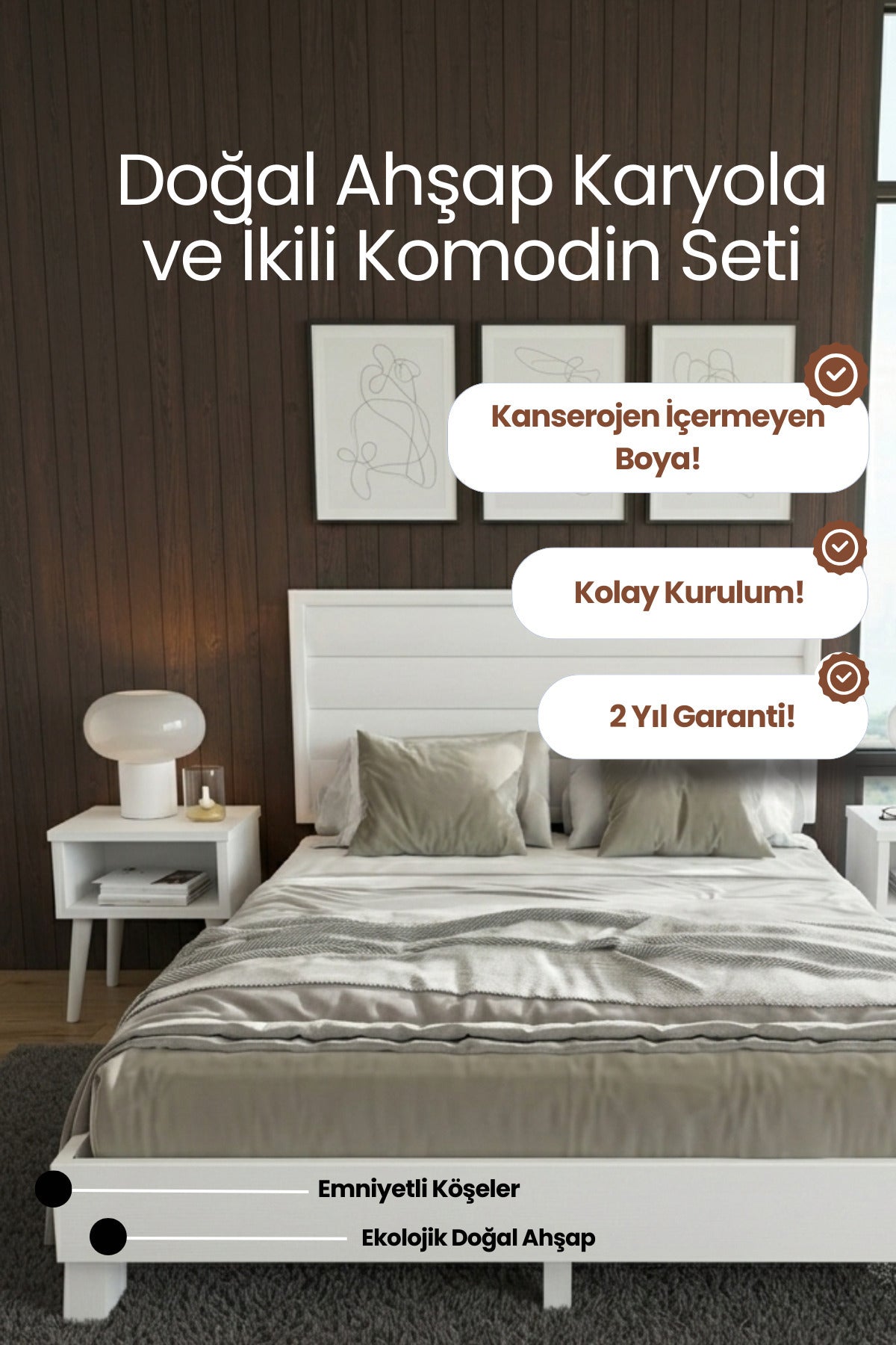 Hüma Model Yatay Başlıklı Masif Ahşap Karyola ve 2 Adet Komodin 140x190 Ceviz