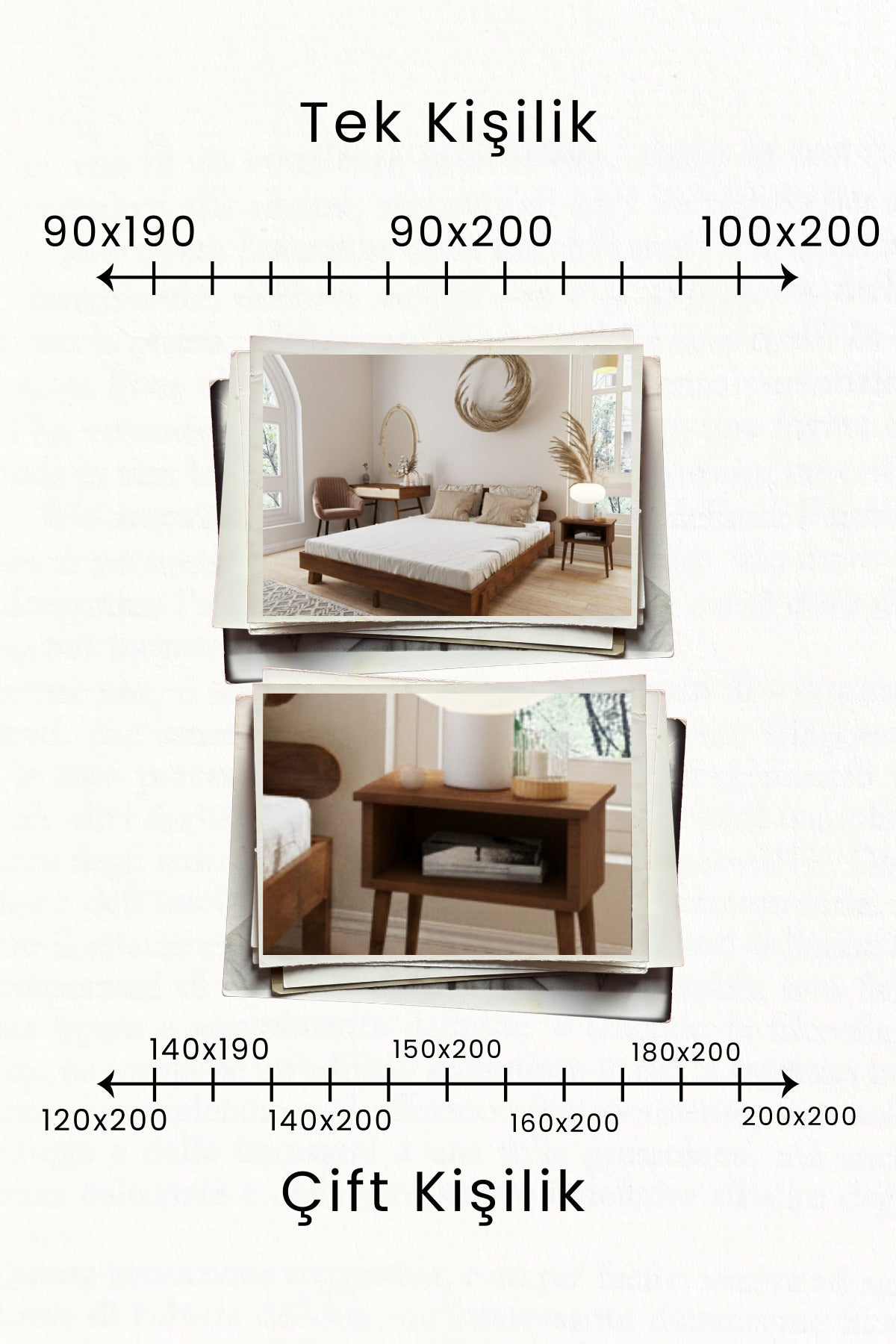 Damla Model 2 Başlıklı Masif Ahşap Karyola 2 Adet Komodin 200x200 Doğal