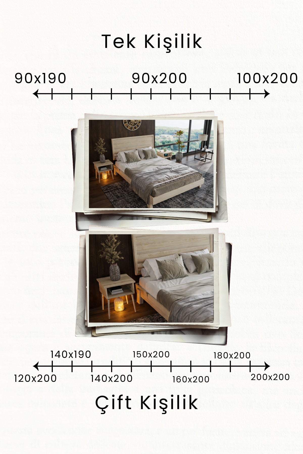 Hüma Model Yatay Başlıklı Masif Ahşap Karyola 2 Adet Komodin 90x200 Doğal