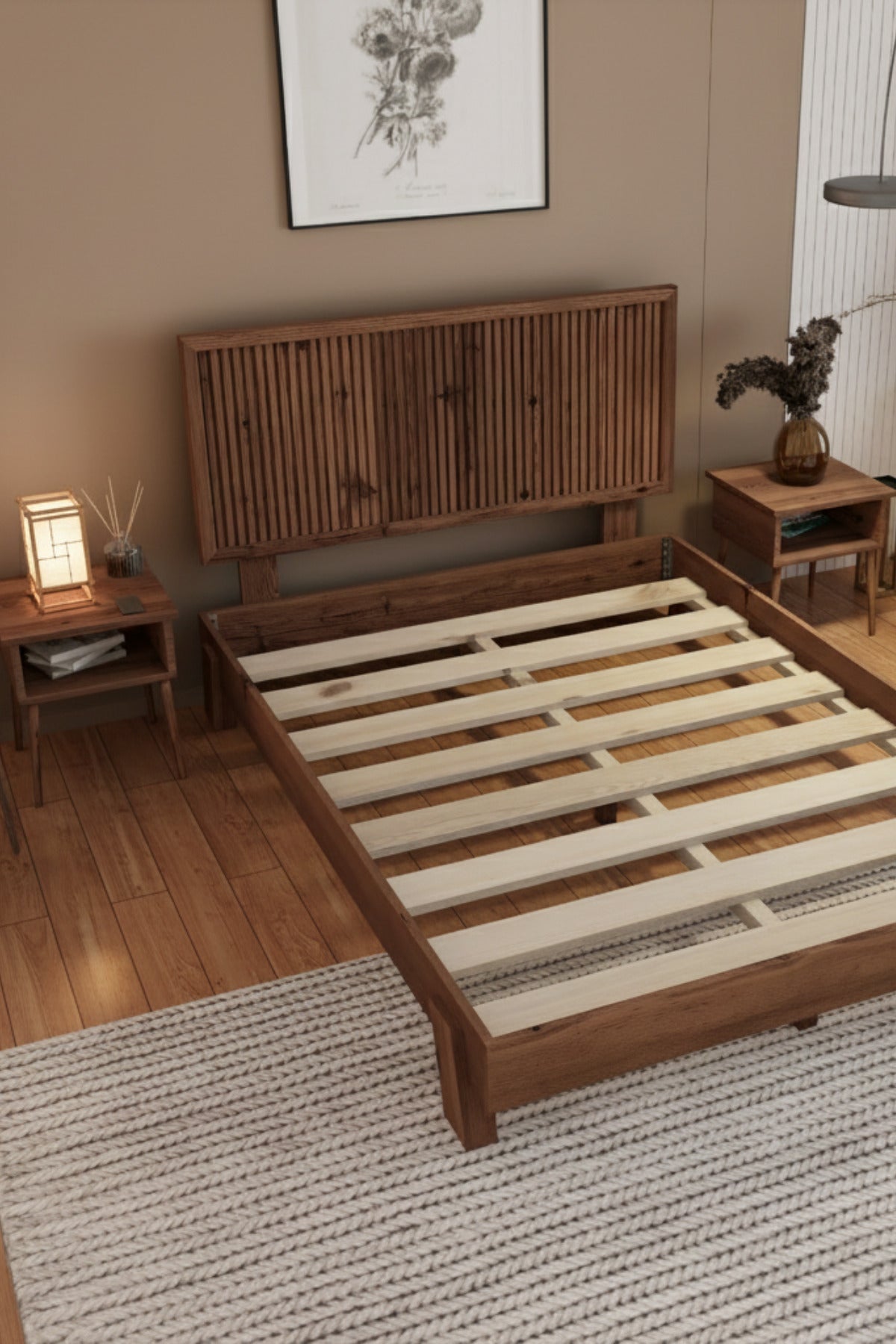 Alaz Model Dikey Başlıklı Masif Ahşap Karyola 90x200 Ceviz