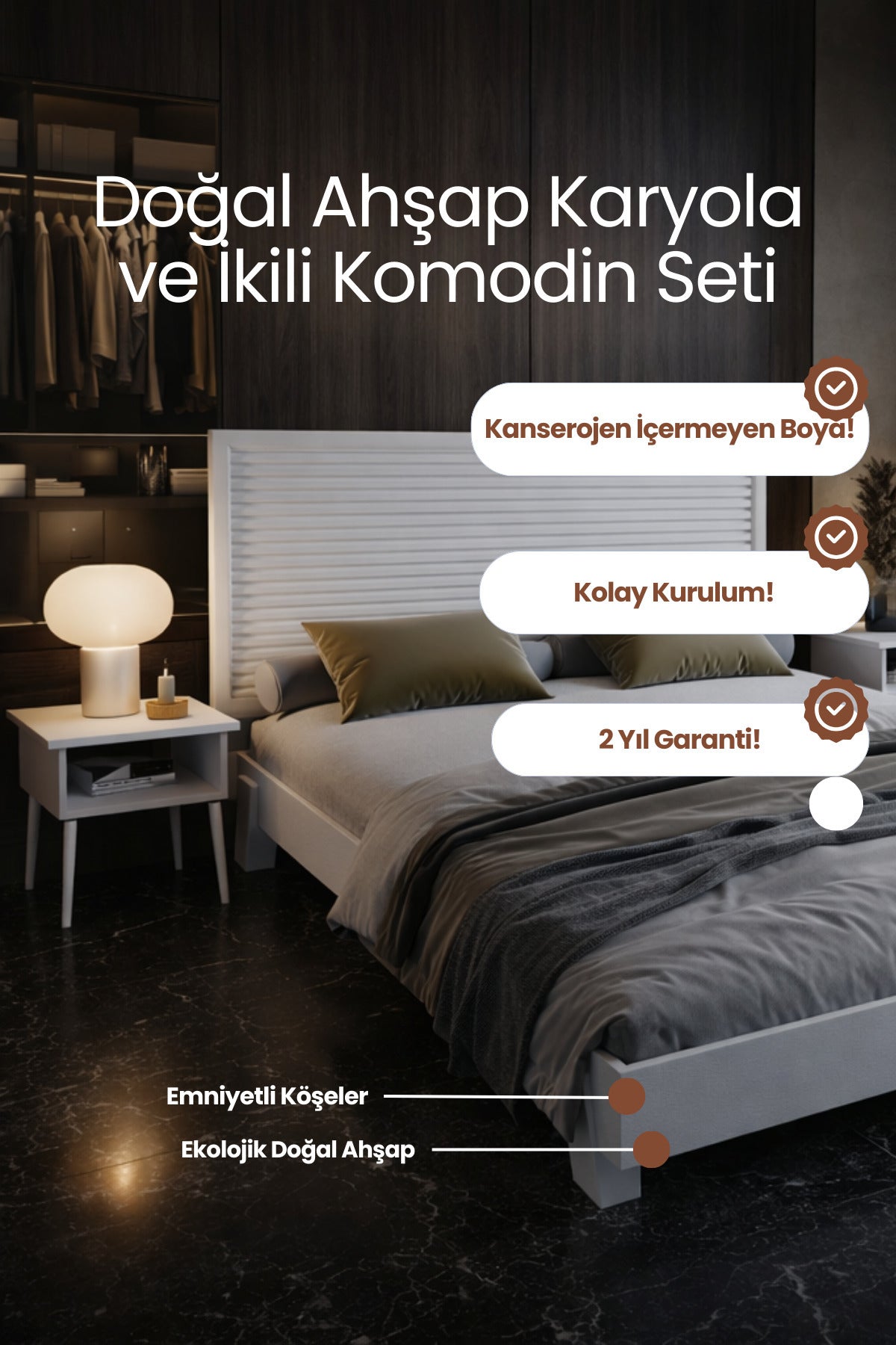Alaz Model Yatay Başlıklı Masif Ahşap Karyola ve 2 Adet Komodin 140x190 Vernikli