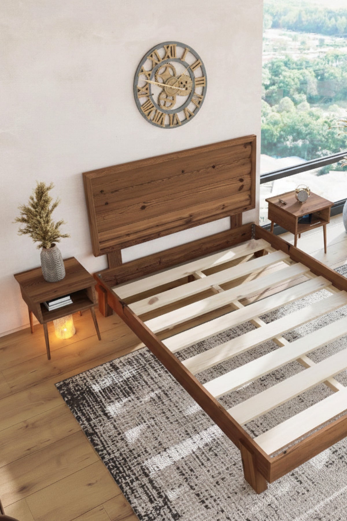 Hüma Model Yatay Başlıklı Masif Ahşap Karyola ve 2 Adet Komodin 100x200 Ceviz