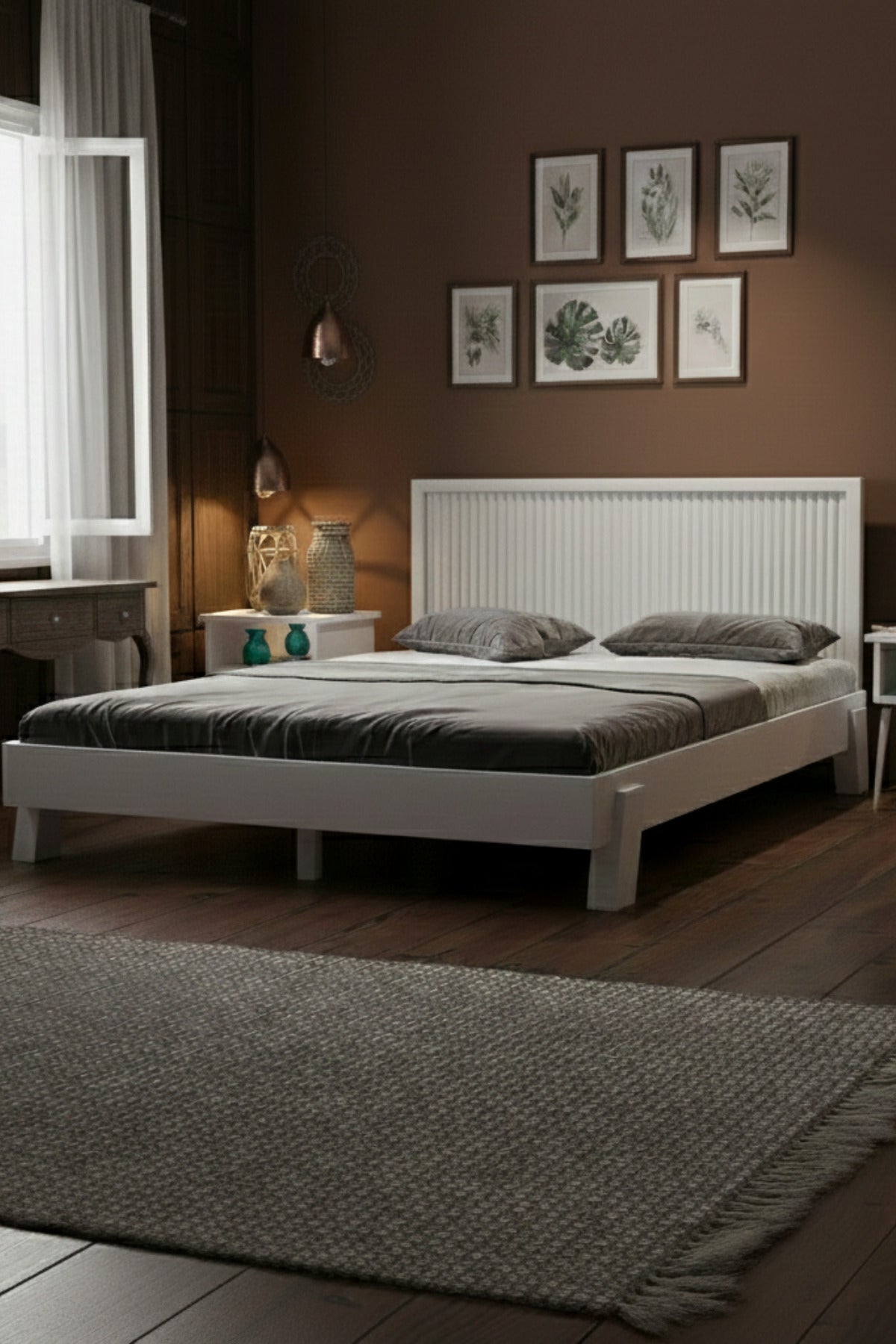 Ebruli̇ Model Dikey Başlıklı Masif Ahşap Karyola 140x200 Ceviz