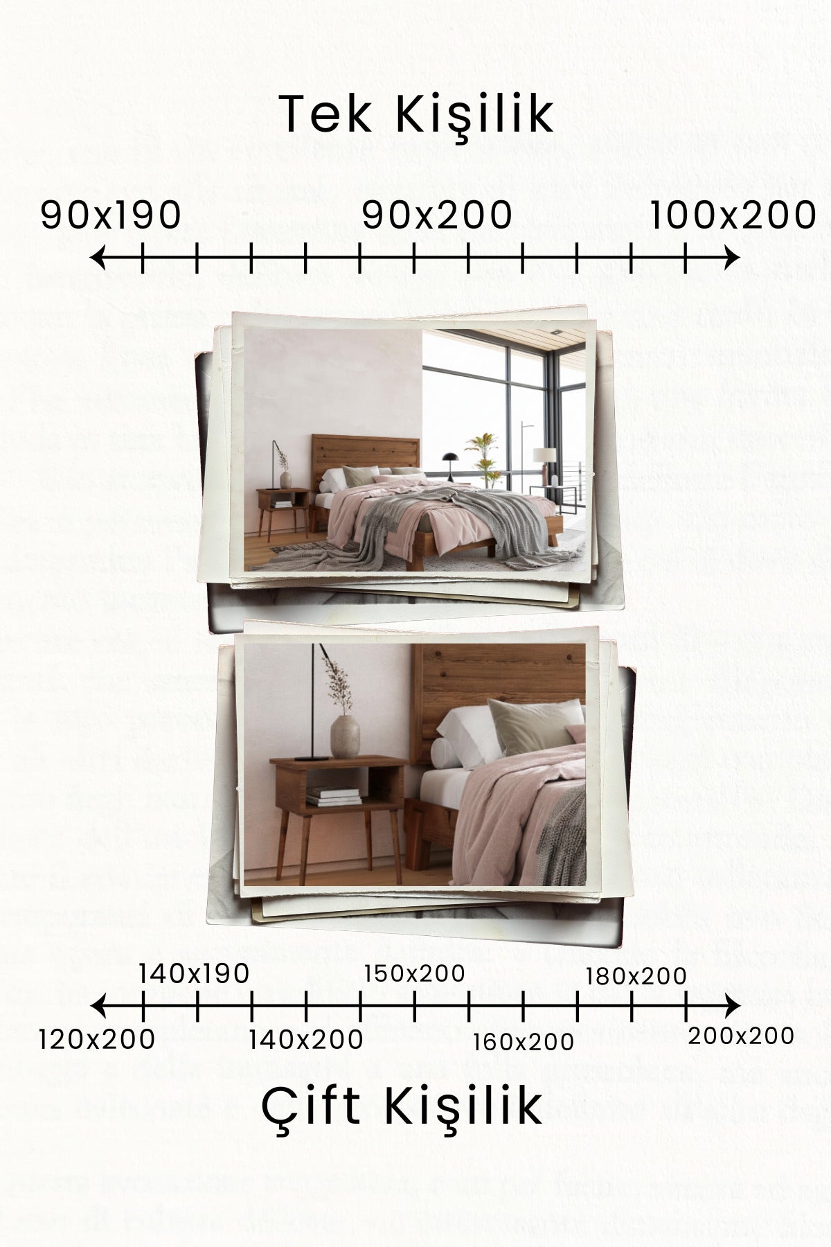 Hüma Model Yatay Başlıklı Masif Ahşap Karyola 2 Adet Komodin 180x200 Doğal