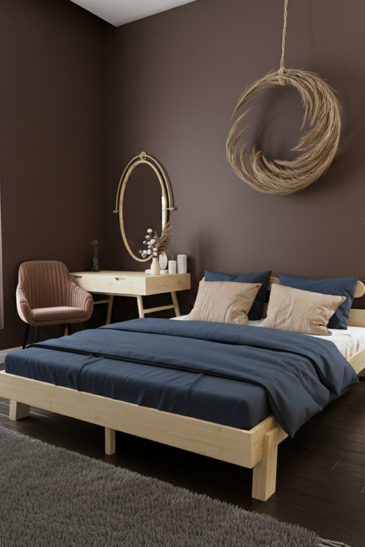 Damla Model 2 Başlıklı Masif Ahşap Karyola 100x200 Doğal