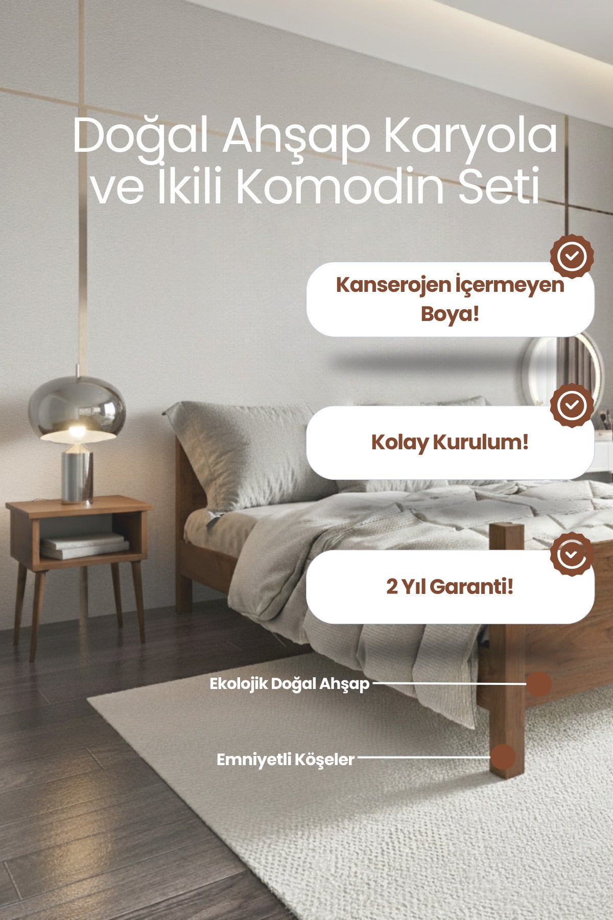 Melodi̇ Model Masif Ahşap Karyola 2 Adet Komodin 150x200 Doğal