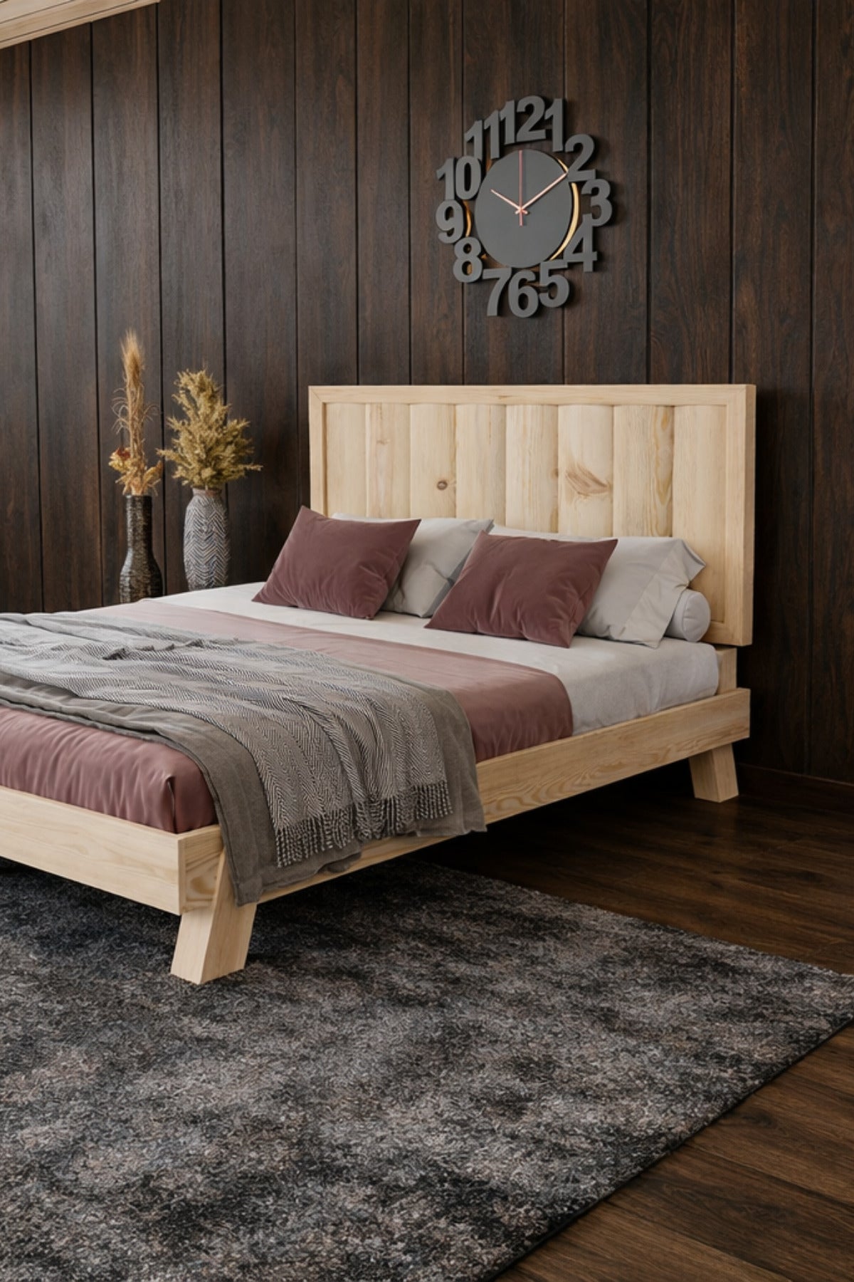 Hüma Model Dikey Başlıklı Masif Ahşap Karyola 100x200 Doğal