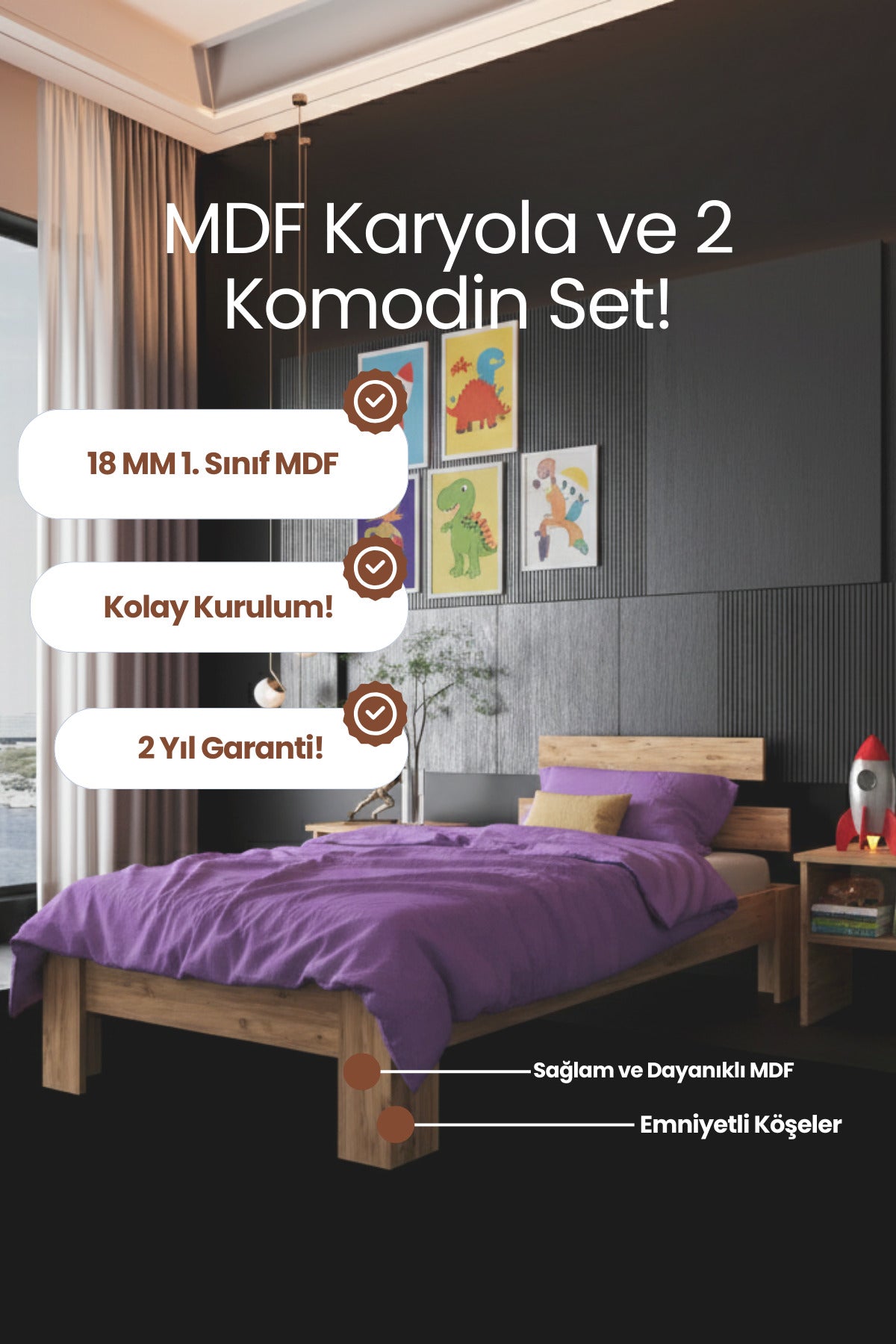Lotus MDF Karyola ve 2 Komodinli Set 160x200 Beyaz
