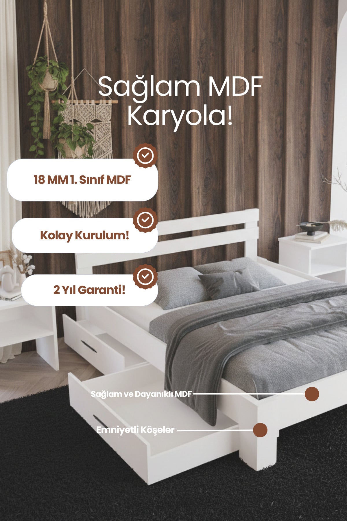 Letto 4 Çekmeceli MDF Karyola 90x190 Beyaz