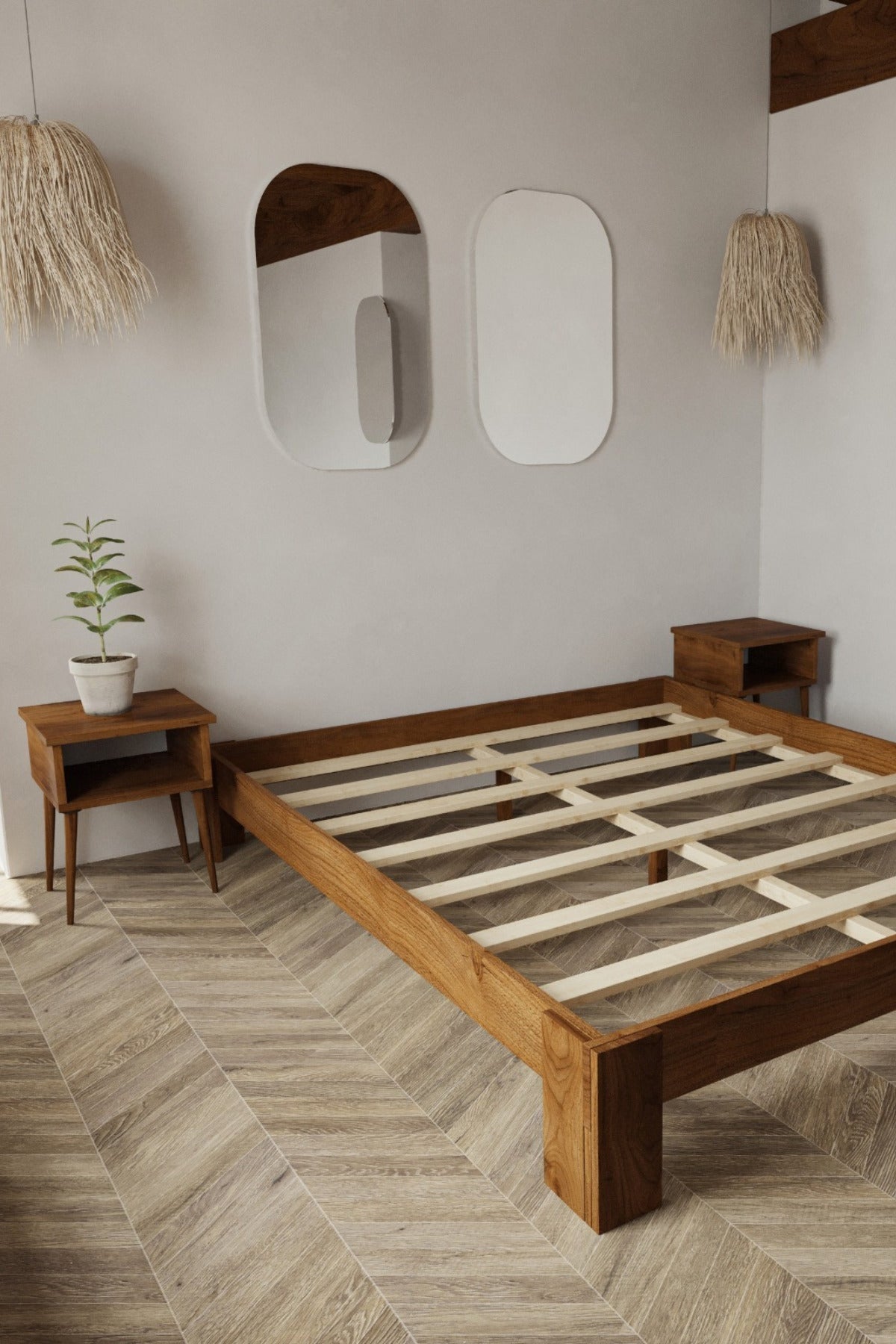 Soft Model Masif Ahşap Karyola 2 Adet Komodin 100x200 Ceviz