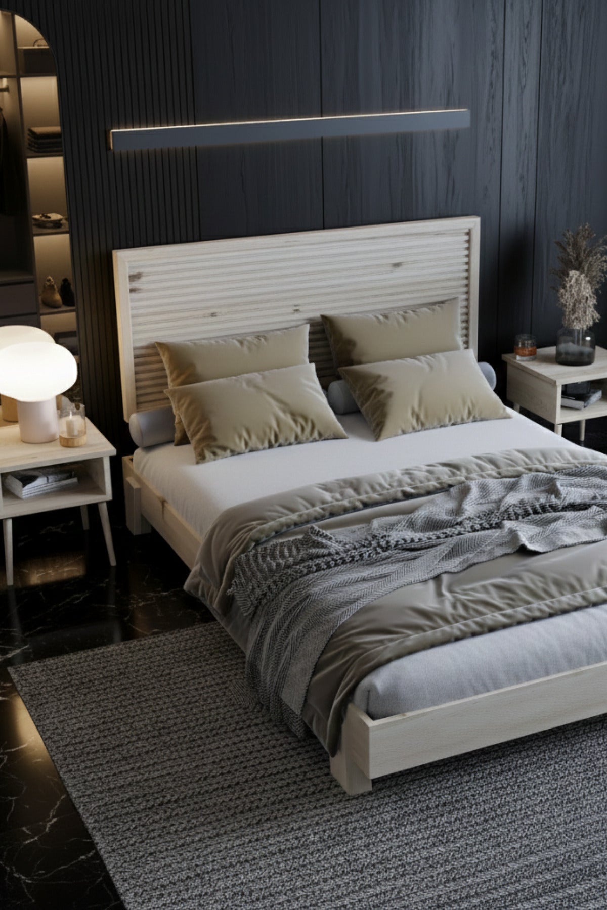 Alaz Model Yatay Başlıklı Masif Ahşap Karyola 2 Adet Komodin 100x200 Doğal