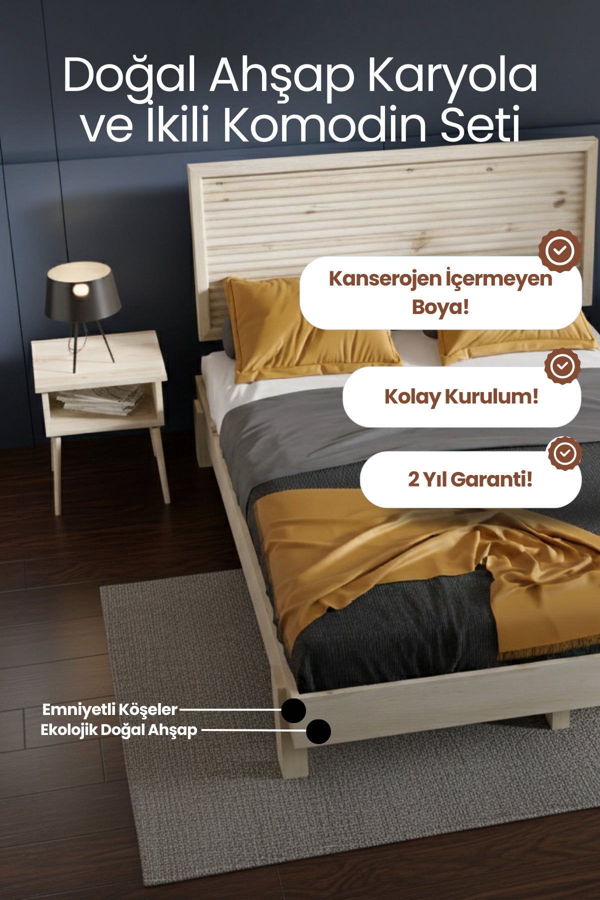 Ebruli̇ Model Yatay Başlıklı Masif Ahşap Karyola 2 Adet Komodin 90x190 Doğal