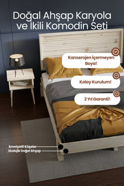 Ebruli̇ Model Yatay Başlıklı Masif Ahşap Karyola 2 Adet Komodin 90x190 Doğal