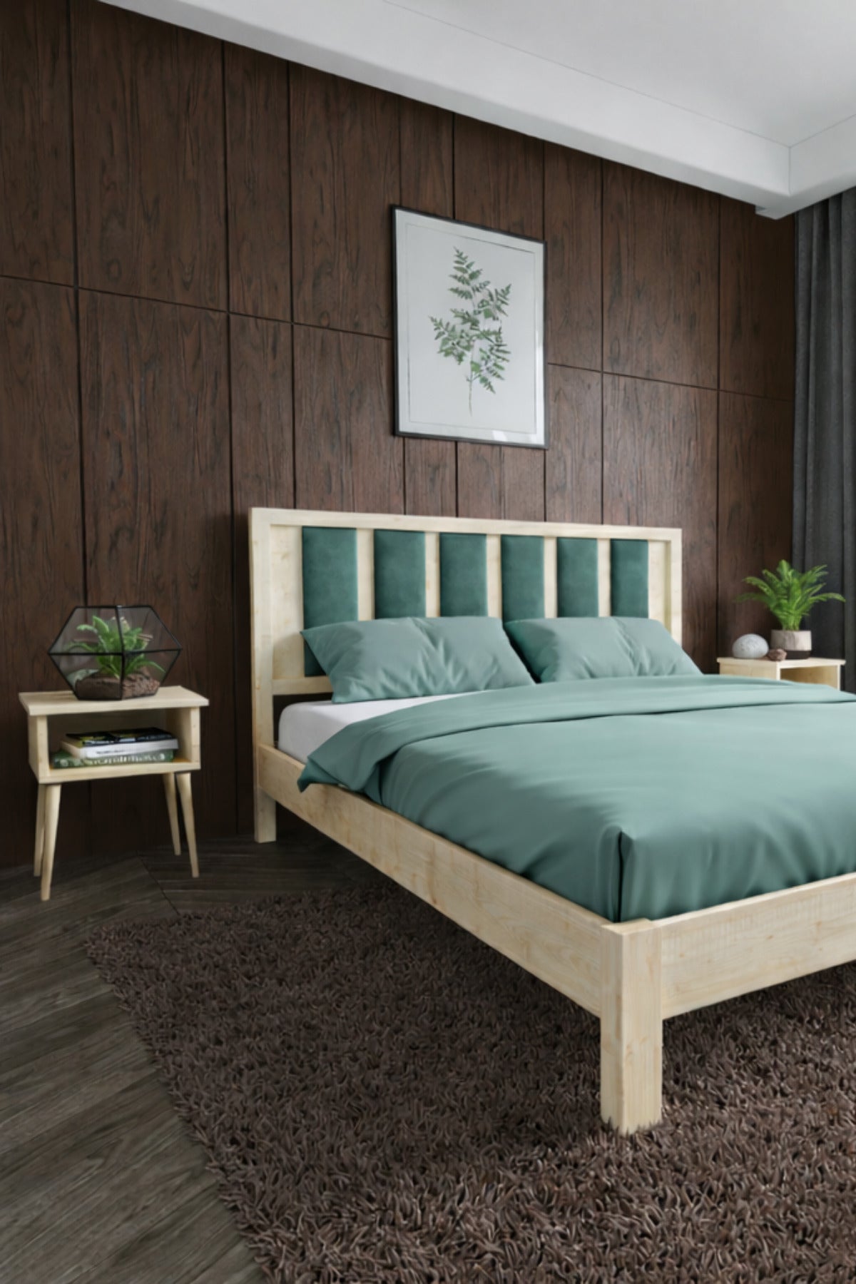 Ori̇on Model Çağla Yeşili Puf Başlıklı Masif Ahşap Karyola 100x200 Doğal