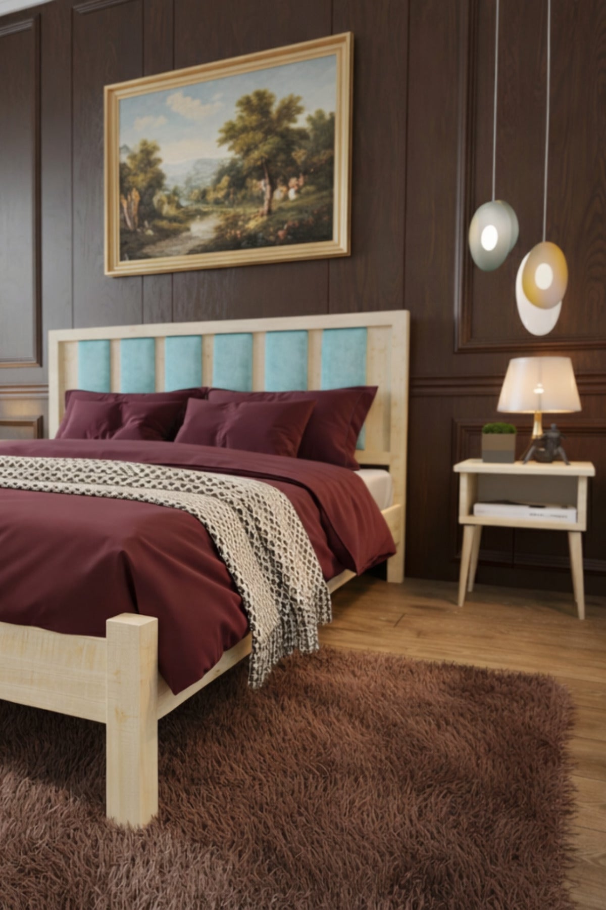 Ori̇on Model Cam Göbeği Rengi Puf Başlıklı Masif Ahşap Karyola 140x200 Doğal