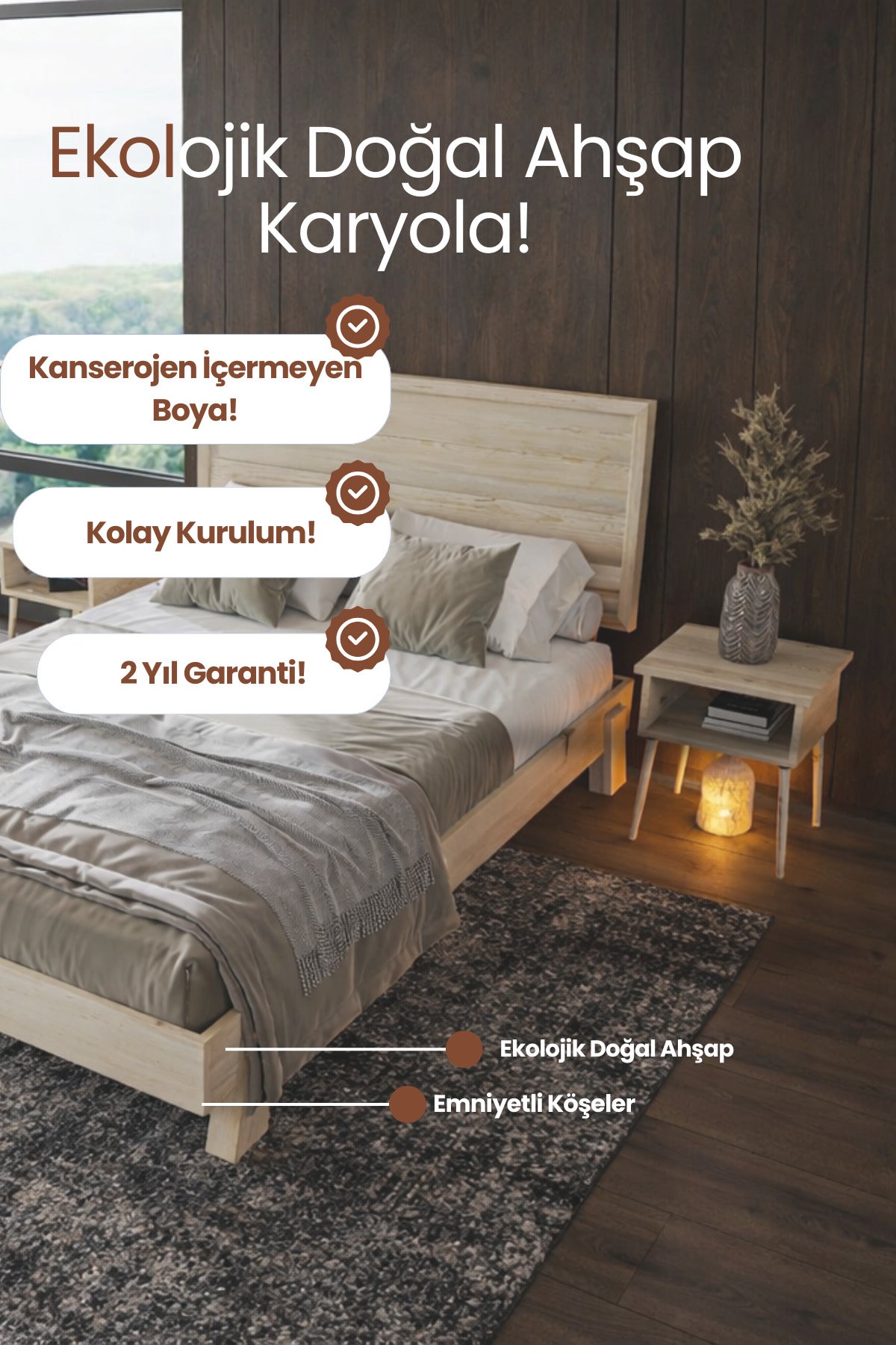 Hüma Model Yatay Başlıklı Masif Ahşap Karyola 90x190 Doğal