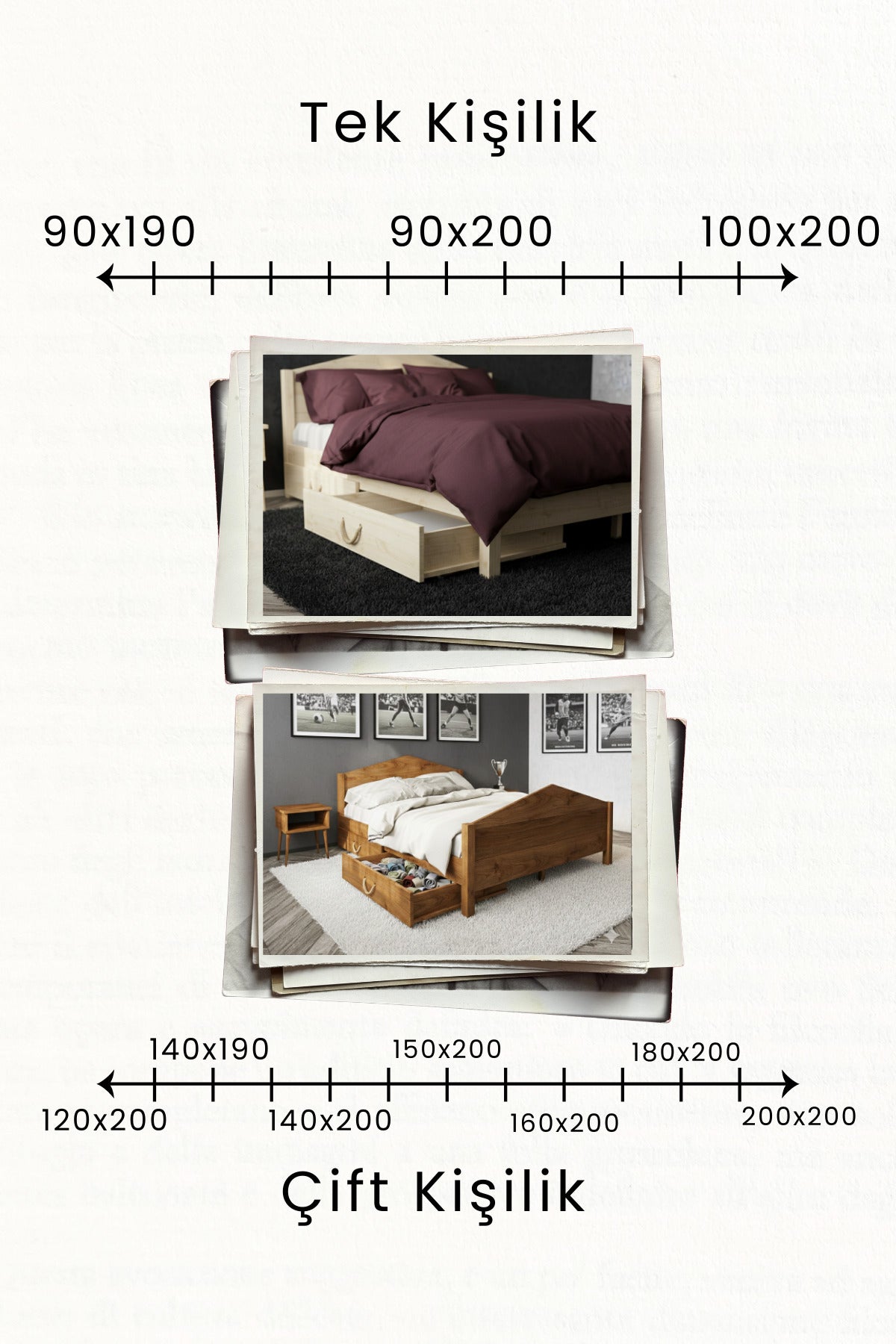 Mi̇lano Piramit Model 2 Çekmeceli Masif Ahşap Karyola 90x200 Doğal