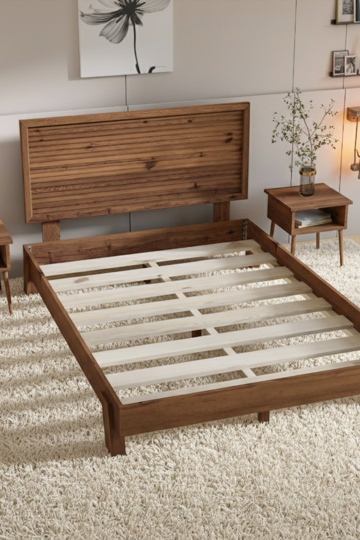 Ebruli̇ Model Yatay Başlıklı Masif Ahşap Karyola 90x200 Ceviz