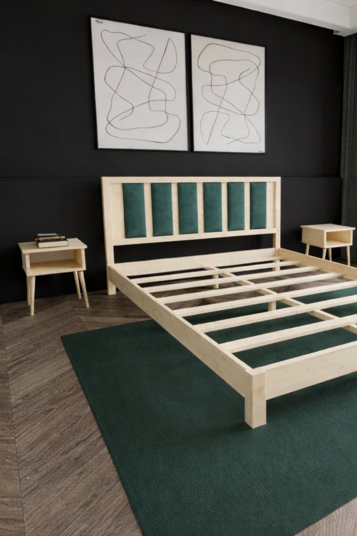 Ori̇on Model Çağla Yeşili Puf Başlıklı Masif Ahşap Karyola 140x200 Doğal