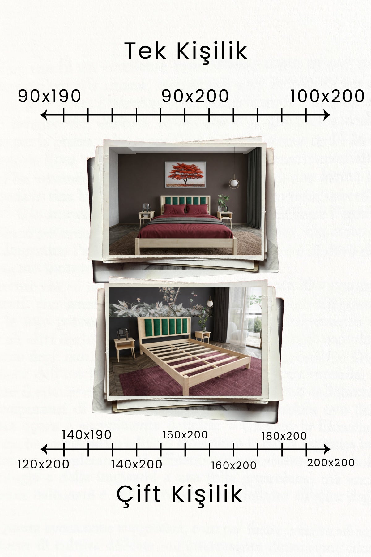 Ori̇on Model Zümrüt Yeşili Puf Başlıklı Masif Ahşap Karyola 140x200 Ceviz