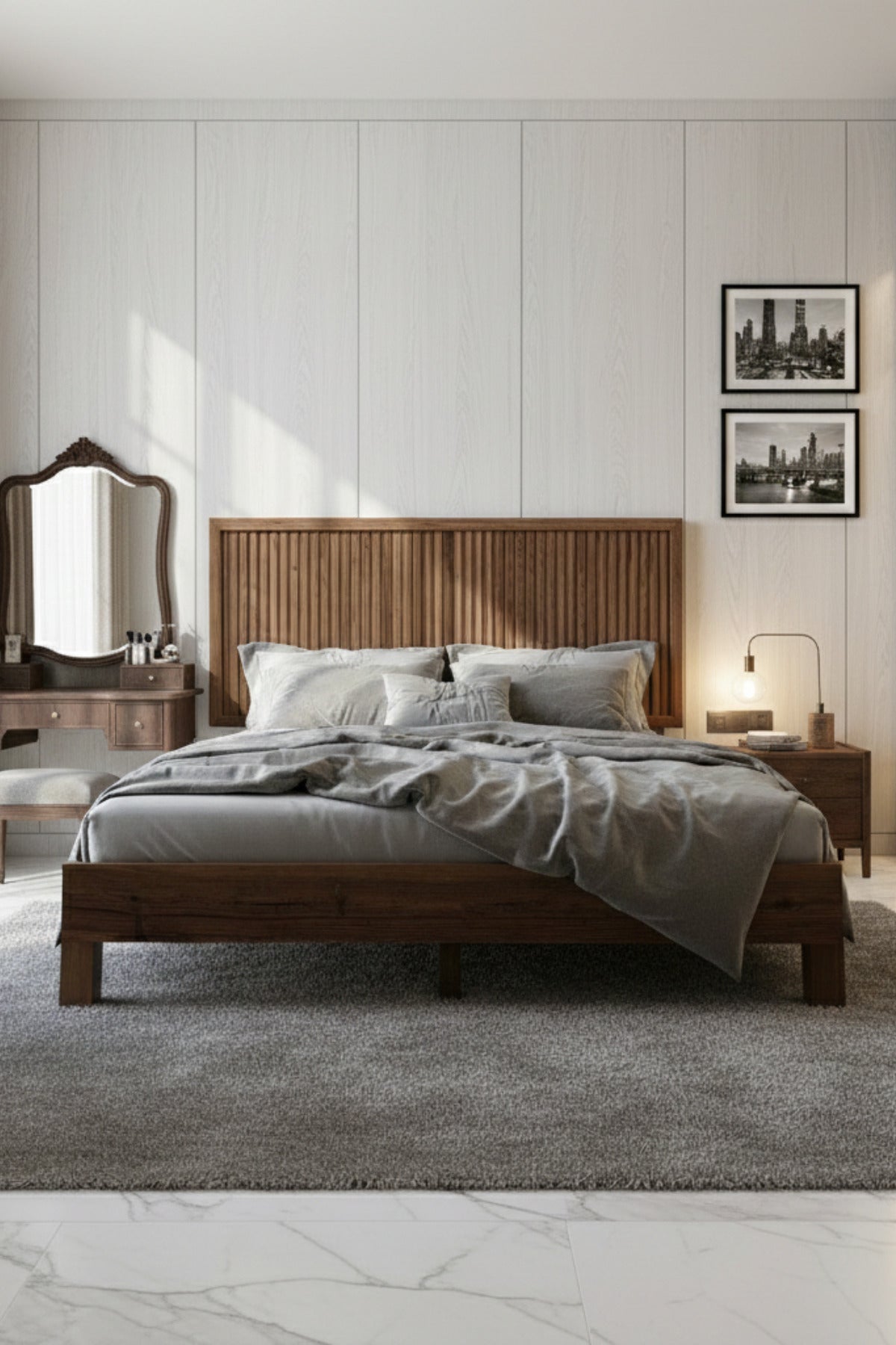 Ebruli̇ Model Dikey Başlıklı Masif Ahşap Karyola 90x200 Ceviz