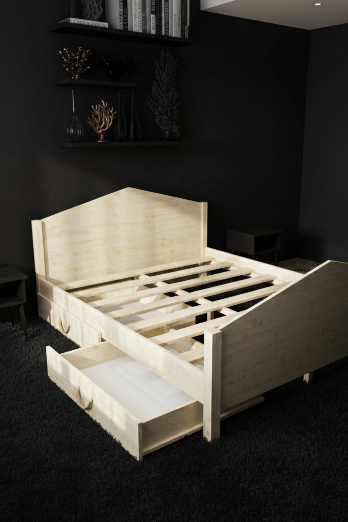 Mi̇lano Piramit Model 2 Çekmeceli Masif Ahşap Karyola 140x190 Doğal